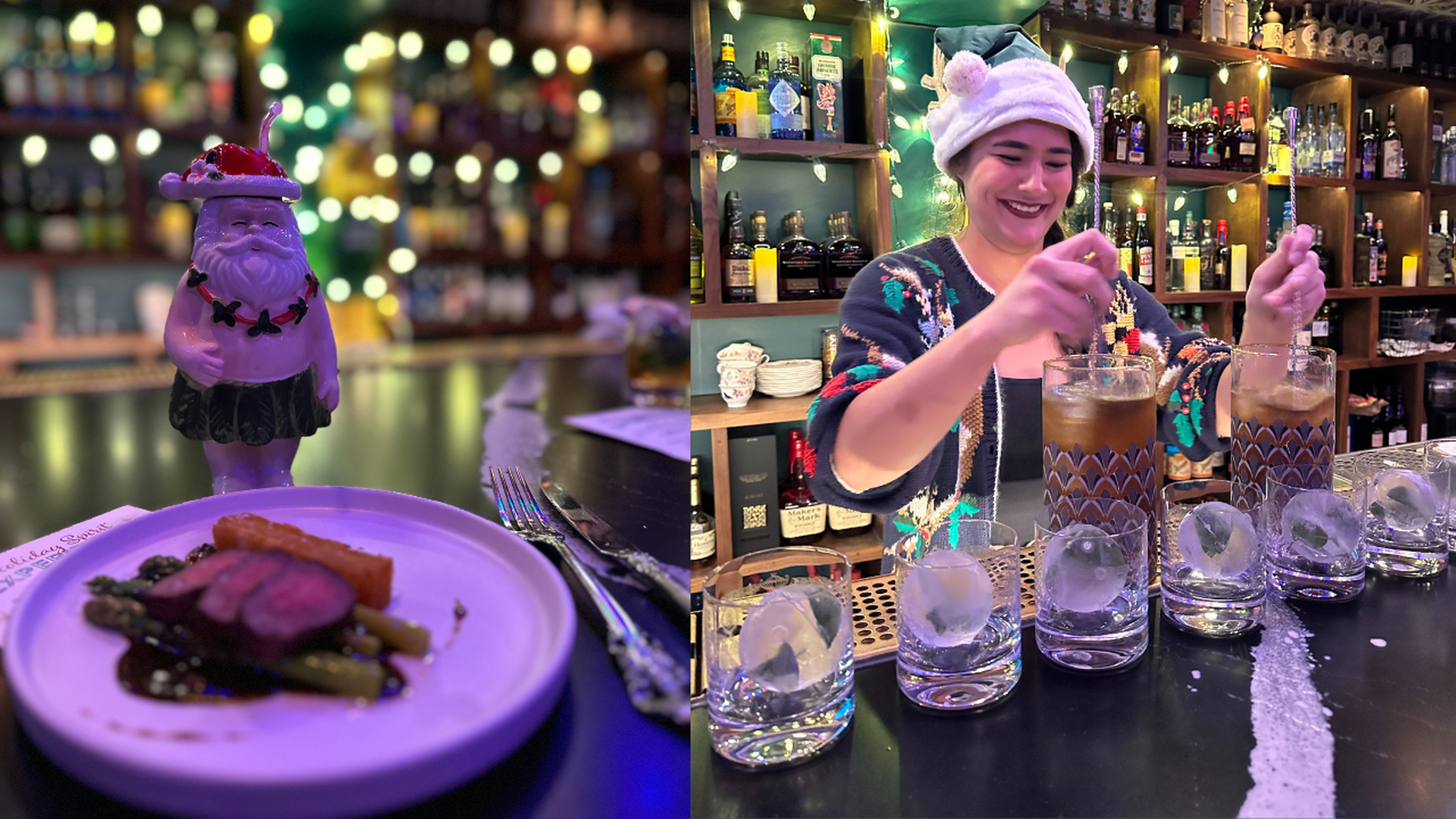 A bar scene with a purple Santa figurine wearing a grass skirt on a plate with food on the left; a smiling woman in a festive sweater and pink hat prepares drinks behind the bar on the right.