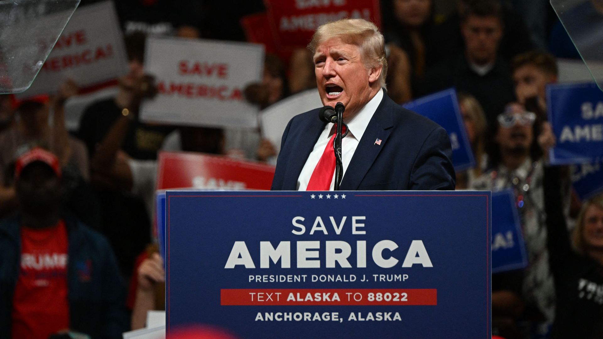 Donald Trump speaks during a "Save America" in Anchorage, Alaska on July 9