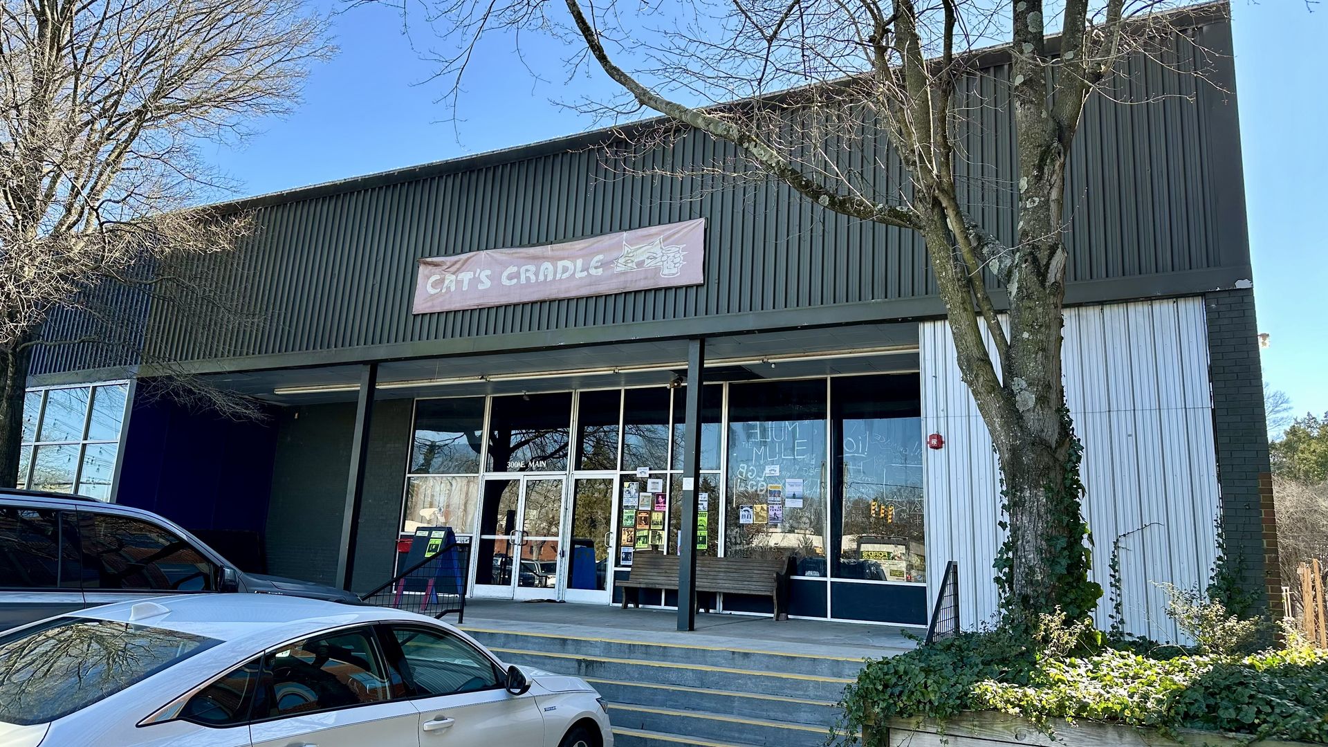The front entrance to the music venue the Cat's Cradle