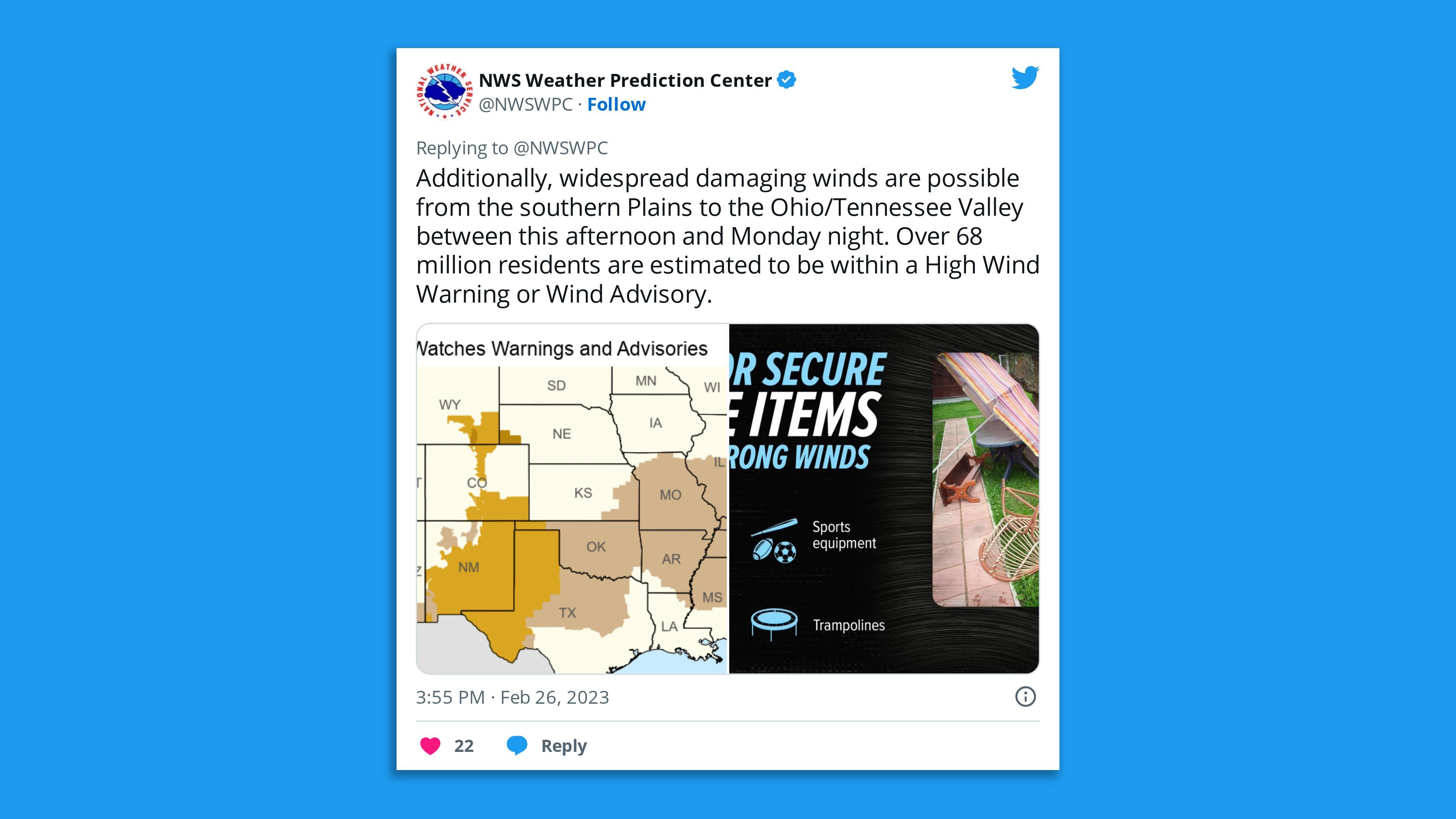 A screenshot of an NWS tweet stating "Additionally, widespread damaging winds are possible from the southern Plains to the Ohio/Tennessee Valley between this afternoon and Monday night. Over 68 million residents are estimated to be within a High Wind Warning or Wind Advisory."