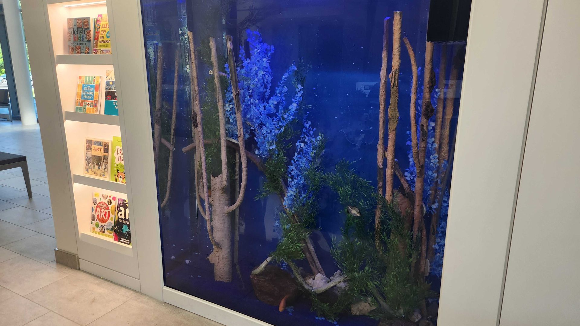 A large aquarium is pictured next to books inside a library. 