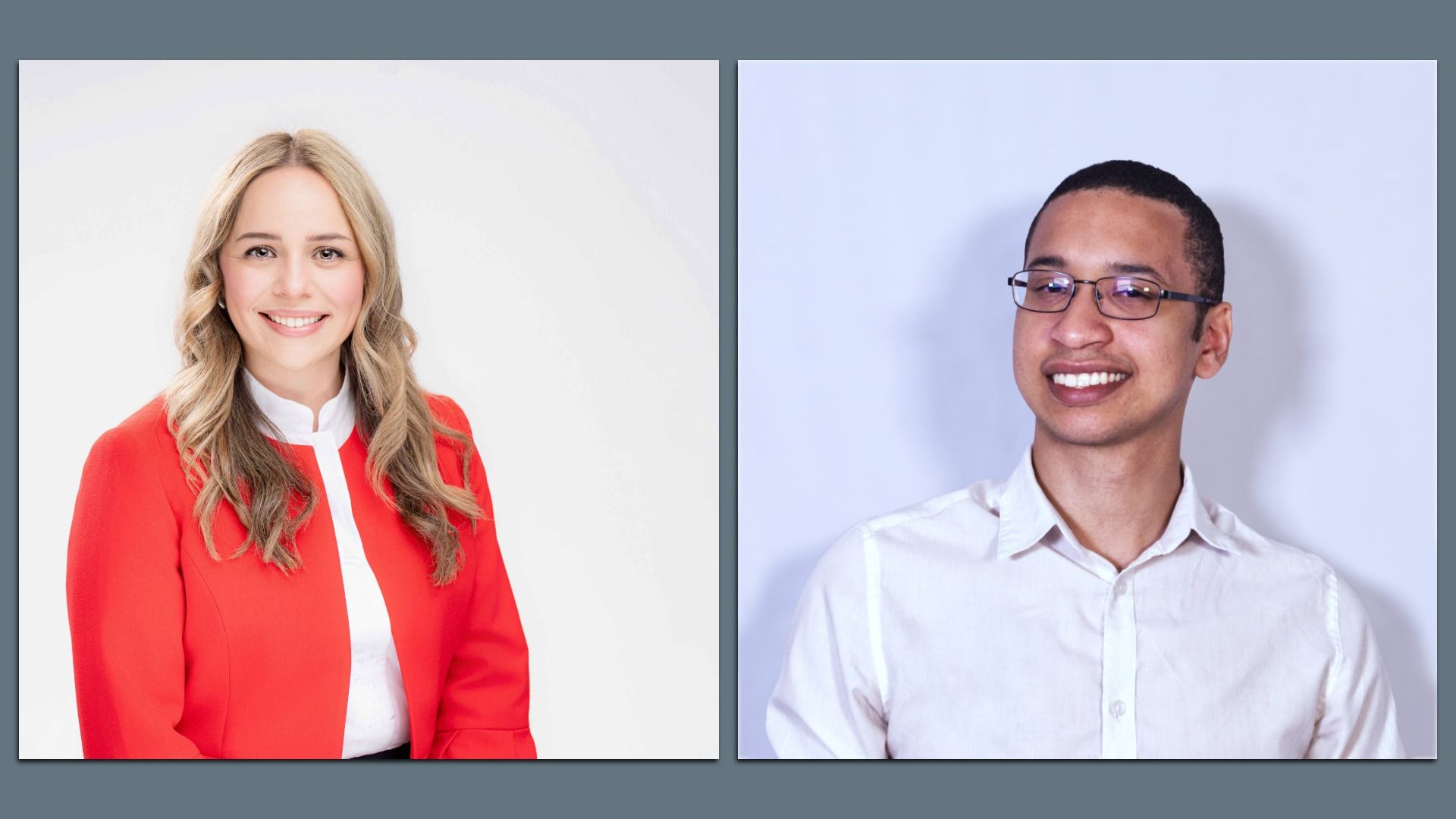 Two professional portraits side by side. Left: woman with long blonde hair wearing a red jacket and white shirt, smiling. Right: man with short dark hair, glasses, and white shirt, smiling.