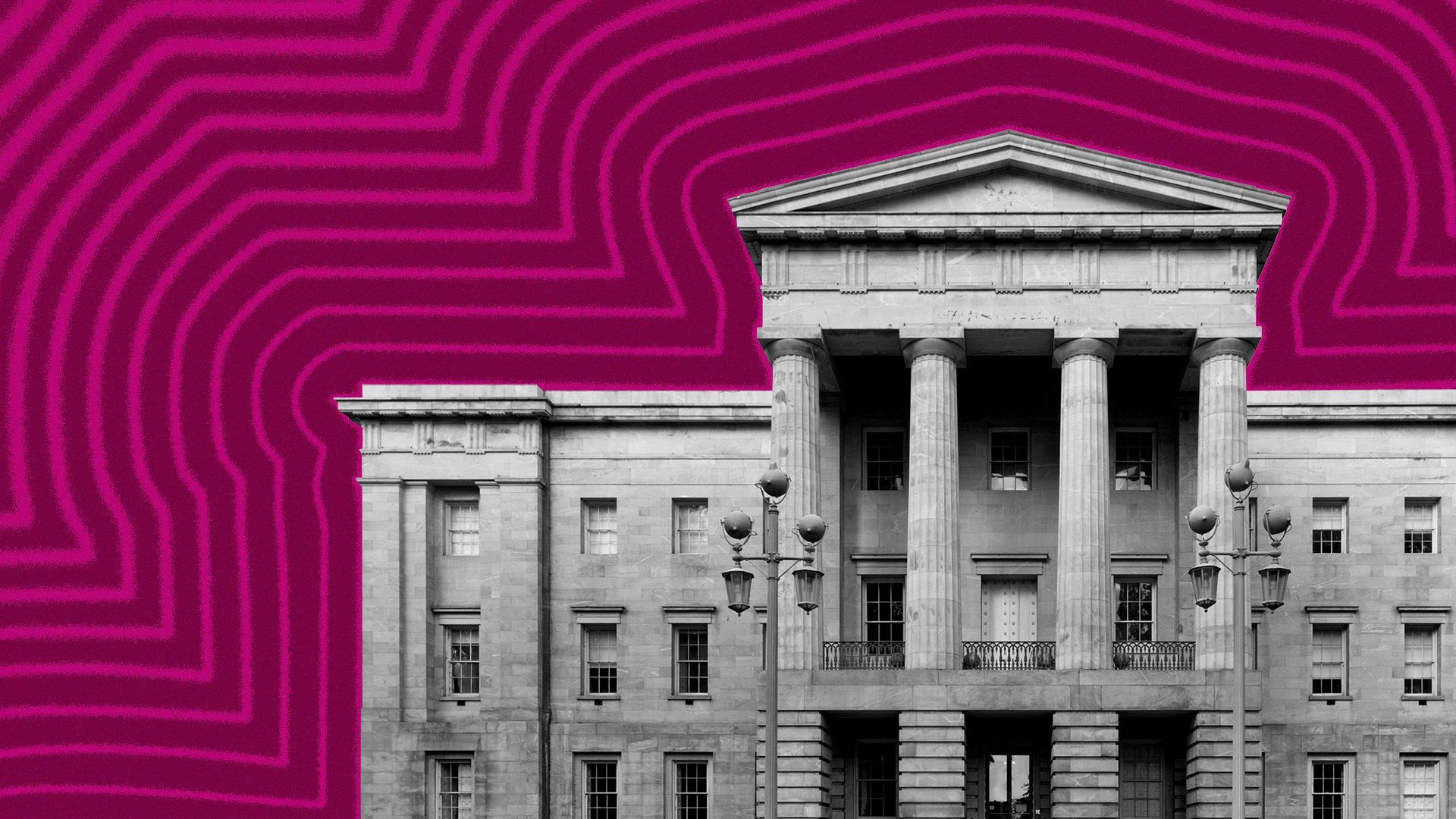 Illustration of the North Carolina State Capitol with lines radiating from it.