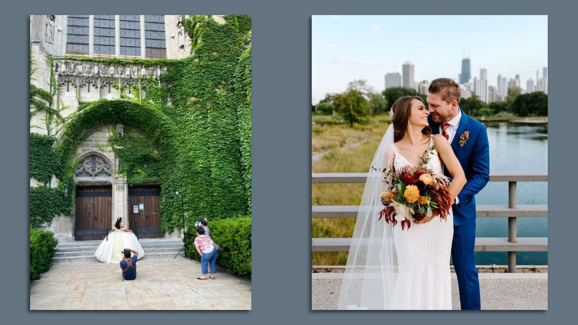 Photo of couples taking wedding shots in front of buildings. 