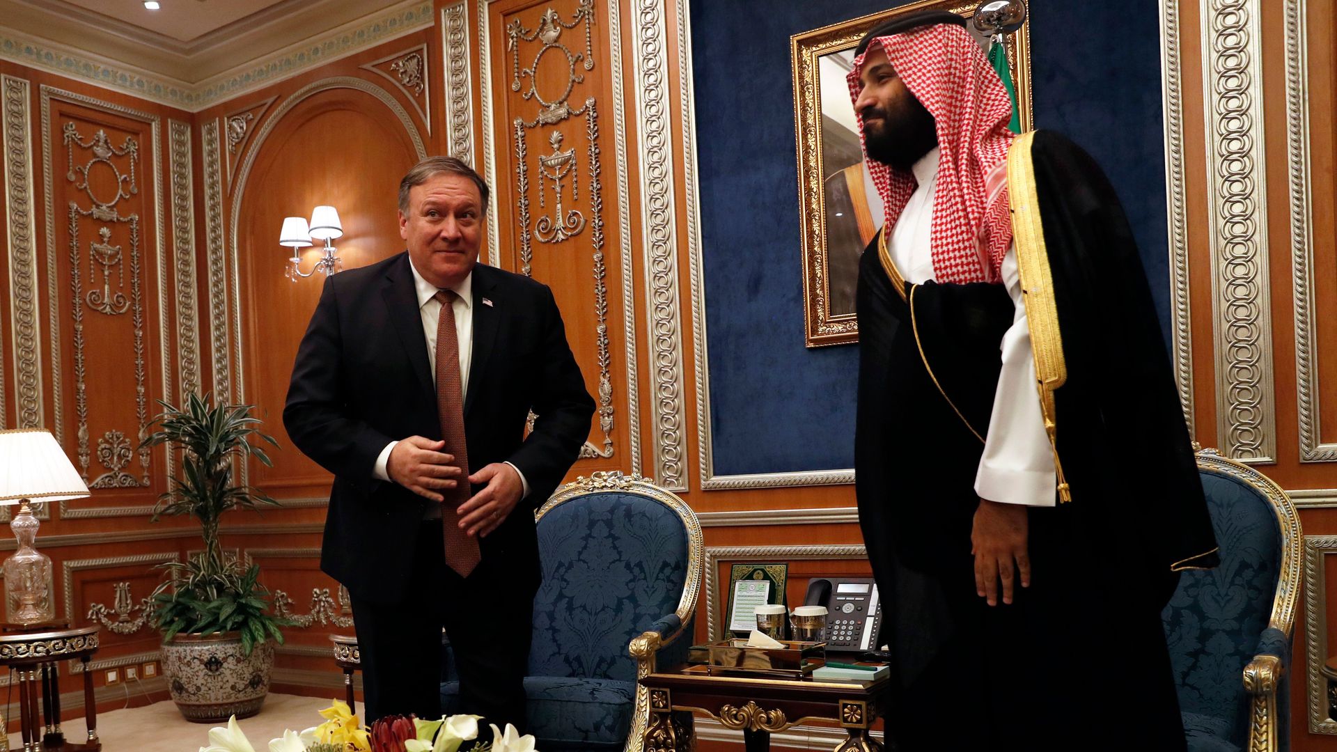 US Secretary of State Mike Pompeo (L) meets with Saudi Crown Prince Mohammed bin Salman in Riyadh, on October 16, 2018. 