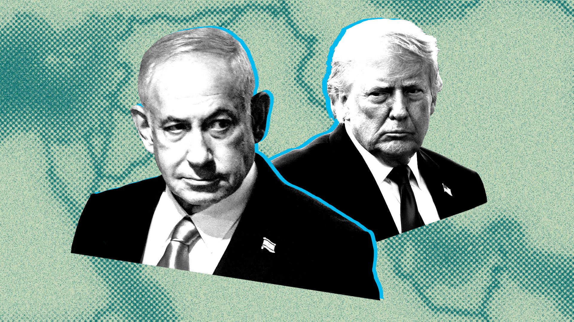 Photo illustration of a collage featuring Benjamin Netanyahu and Donald Trump in front of a map of the Middle East.