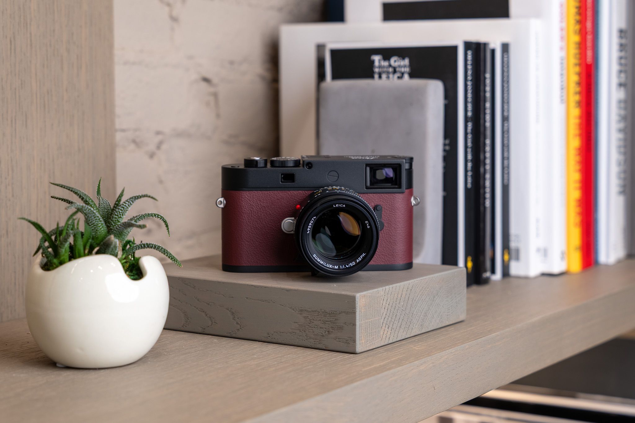 A burgundy-leather Leica camera rests on a light wood shelf on a small grey block, beside a white ceramic pot with a green succulent. Behind are stacked black-and-white books and magazines.