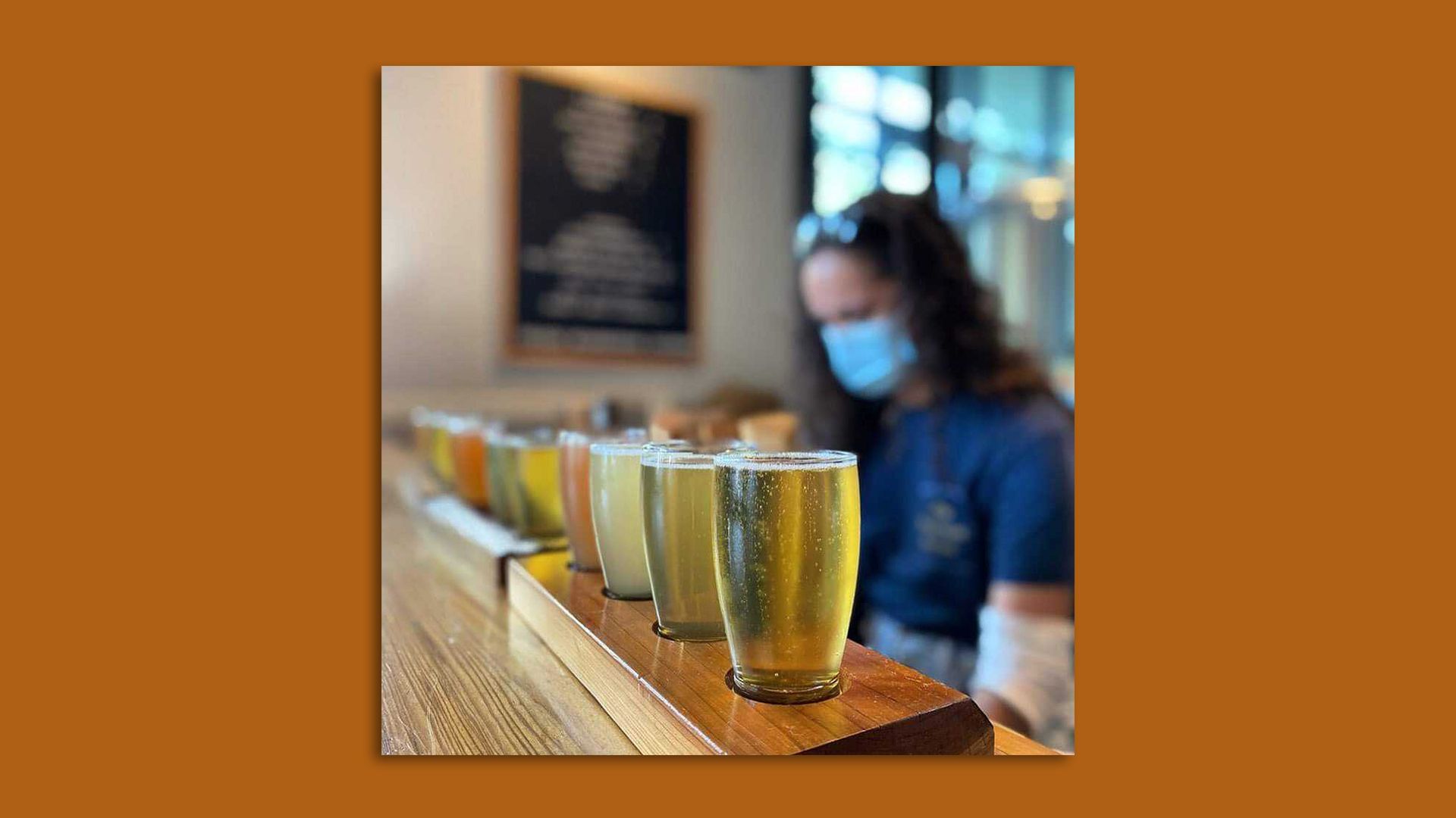 Flights of hard cider sit on a countertop.