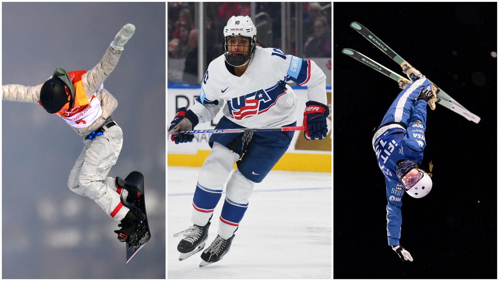 Three winter sports athletes: a snowboarder mid-air in white gear, a hockey player in a USA uniform on ice, and a skier performing a flipped trick in blue gear against a black sky.