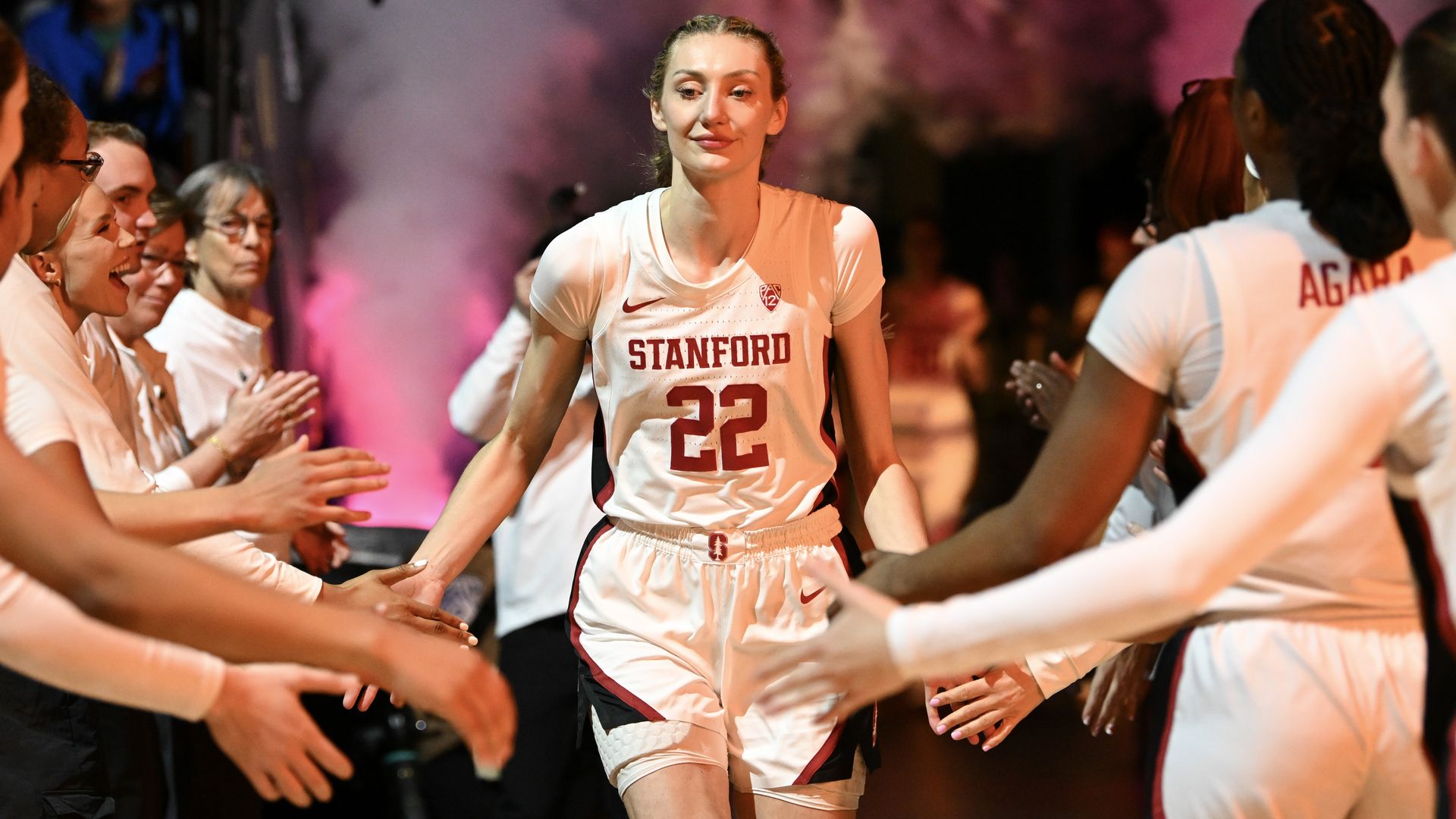 Cameron Brink #22 of the Stanford Cardinal is introduced before the championship game against the USC Trojans of the Pac-12 Conference women's basketball tournament at MGM Grand Garden Arena on March 10, 2024 in Las Vegas, Nevada. The Trojans defeated the Cardinal 74-61