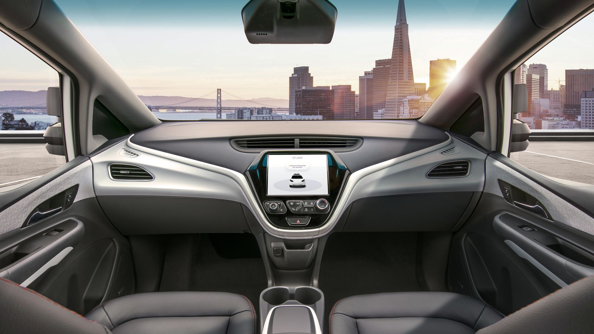 Image of interior of Chevrolet Cruise self-driving car, with no steering wheel or pedals.