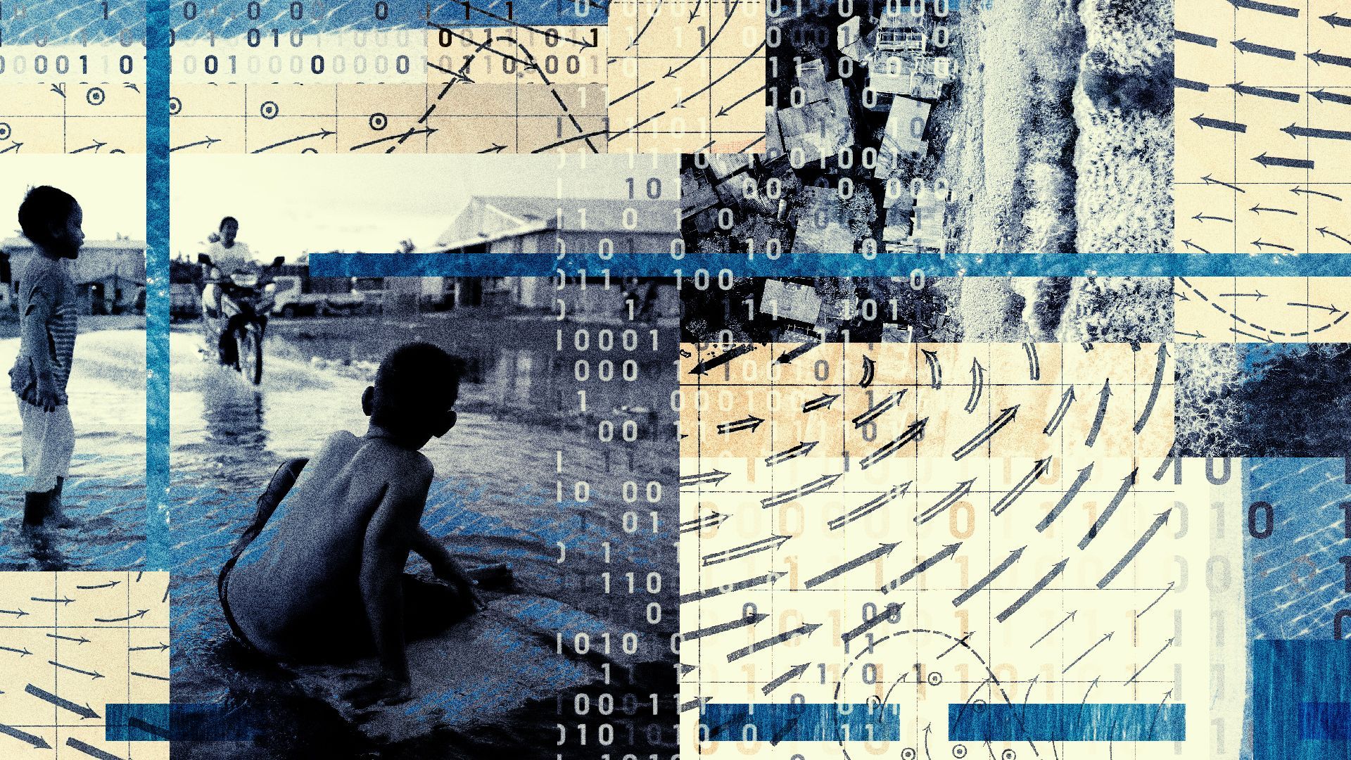 Photo illustration of a collage of three people sitting in water, an aerial view of Tuvalu, binary code, water, metereology symbols and abstract textures.