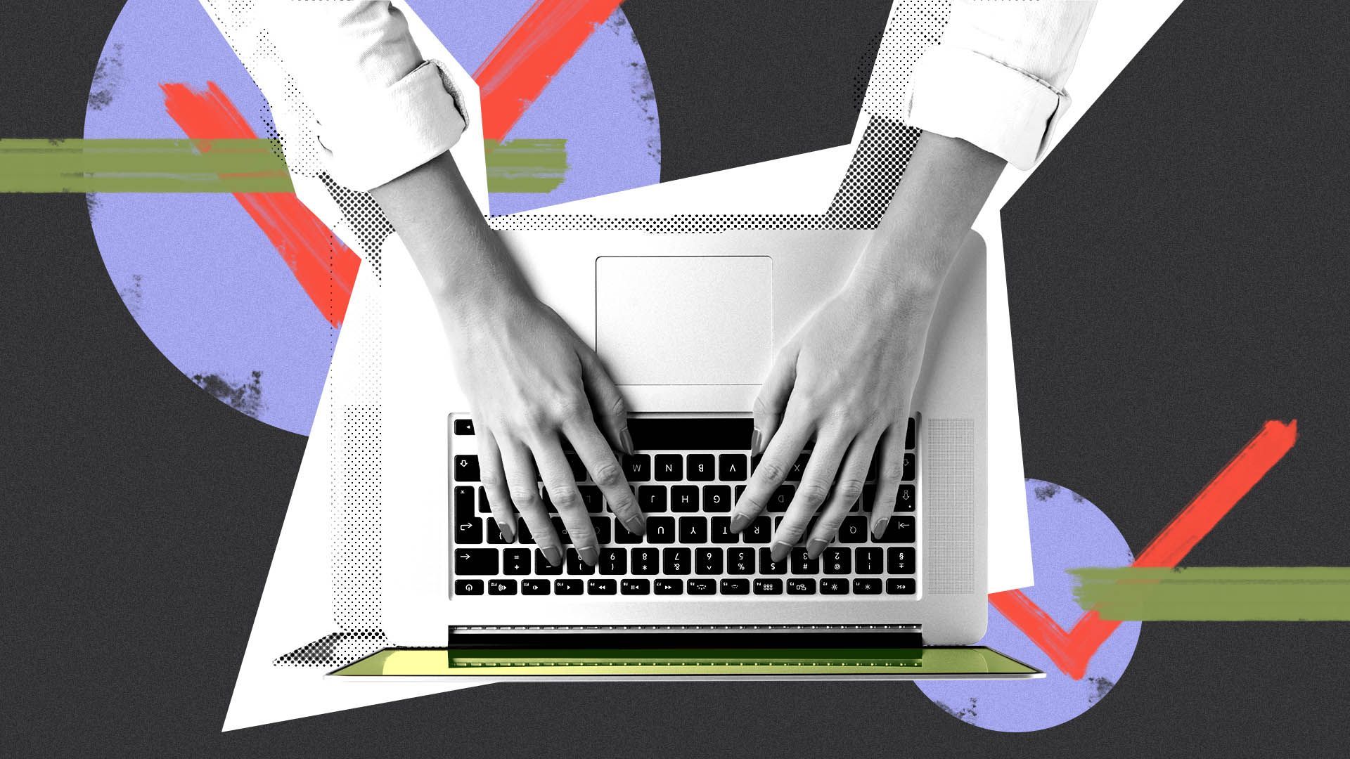 Illustration of a person's hands typing on a laptop surrounded by various shapes and check marks