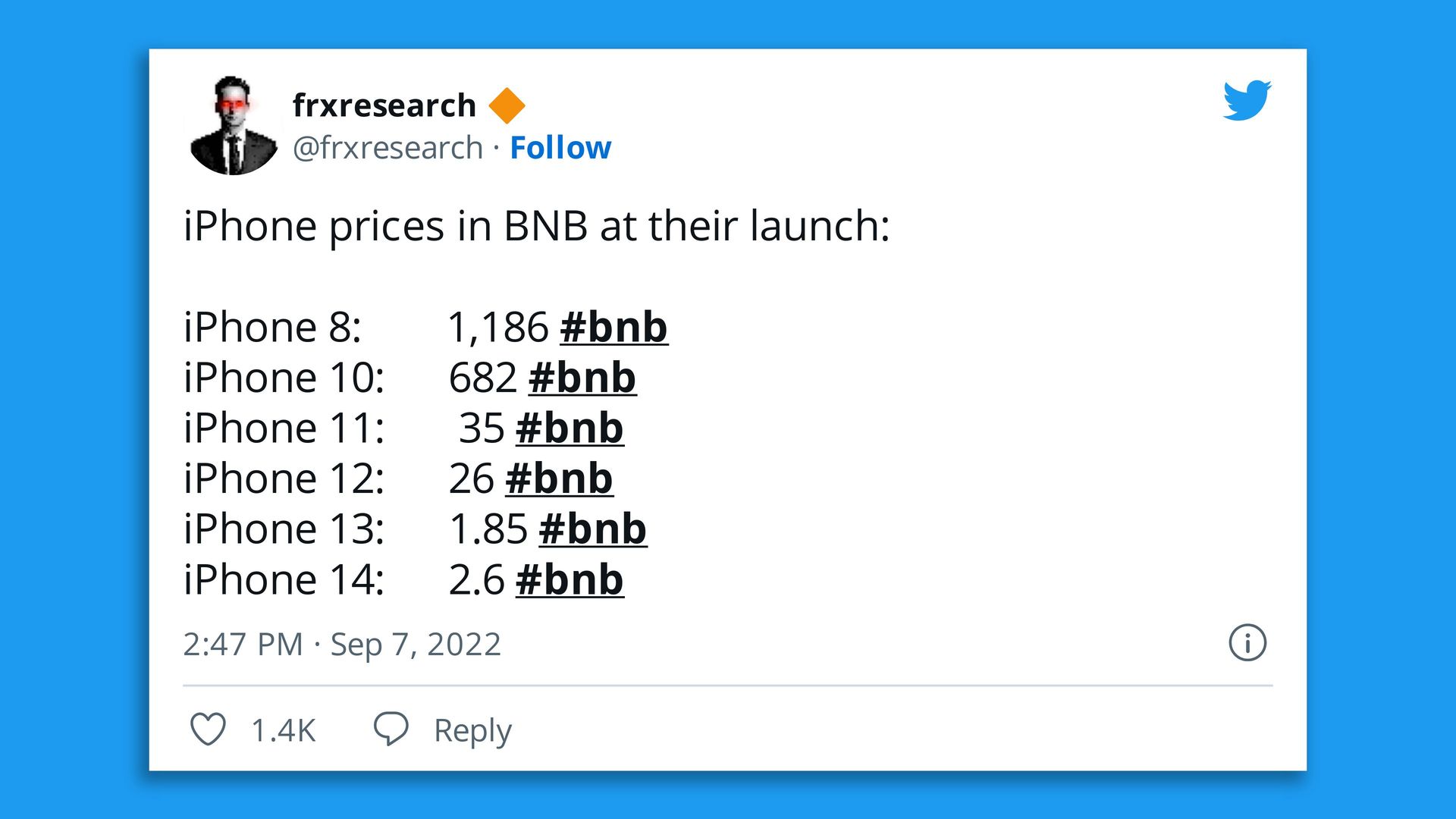 Tweet showing how much iPhones would cost in Binance's native crypto BNB
