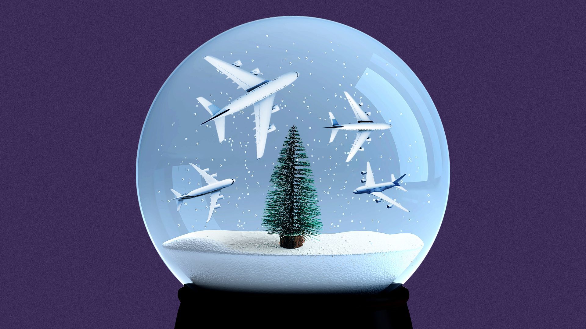 Illustration of a snow globe with a tree surrounded by numerous, small planes in flight
