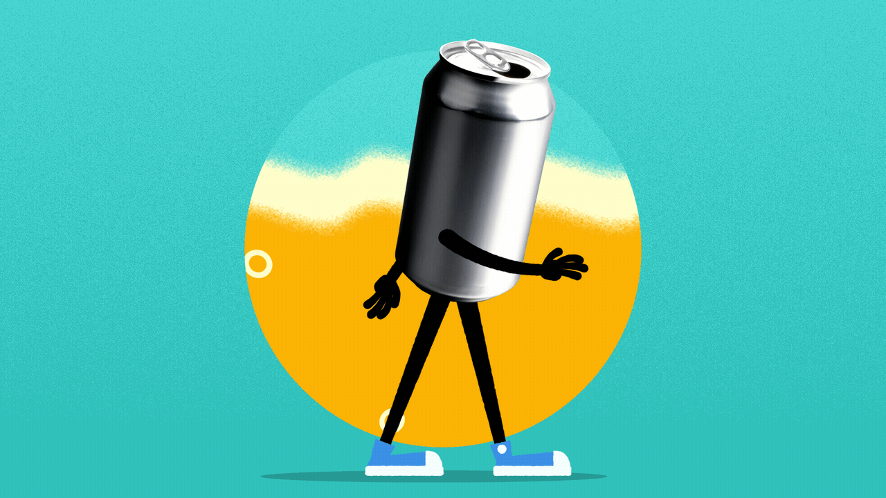 Animated illustration of a beer can with arms and legs walking in front of some fizzing beer.