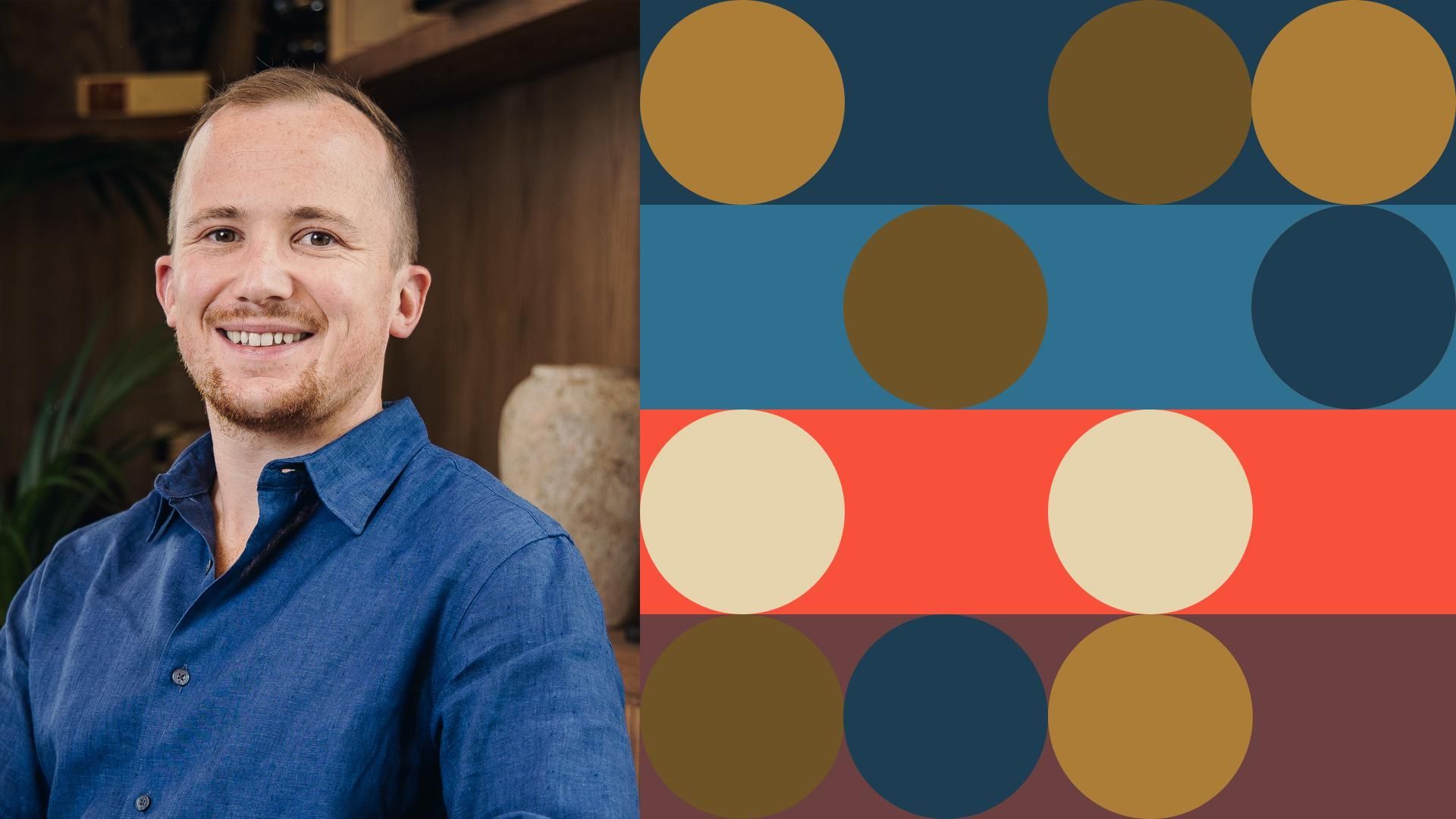 Photo illustration of Will Dutton surrounded by abstract shapes. 