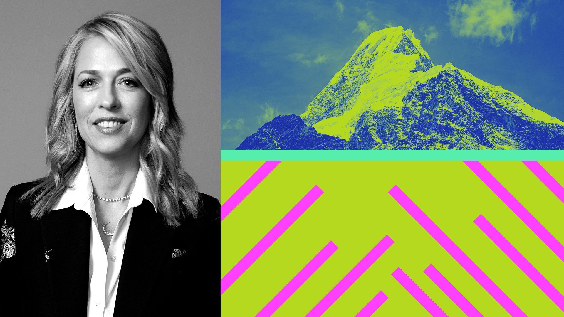 Photo illustration of Pam Kaufman, the mountain from the Paramount logo, and colored rectangles.