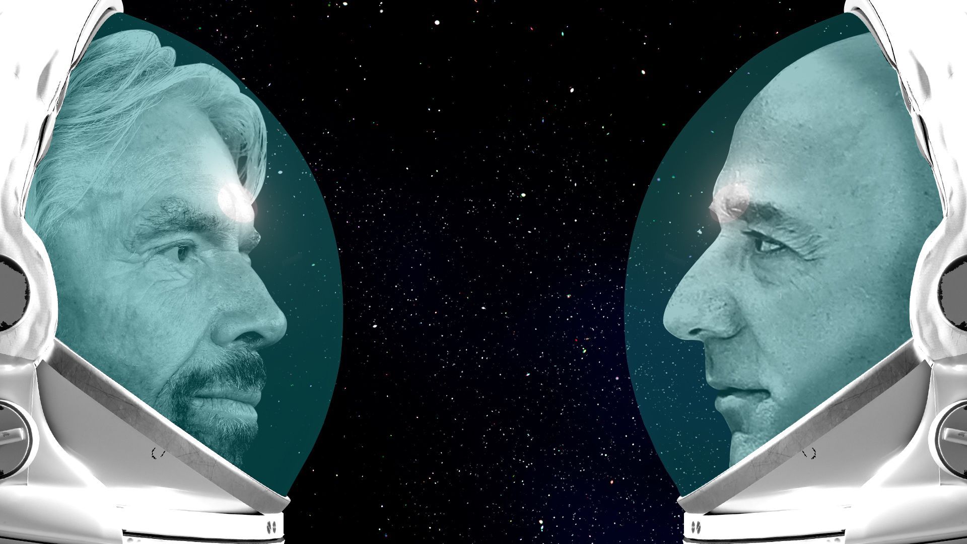Photo illustration of Richard Branson and Jeff Bezos in astronaut helmets facing off against a space background. 