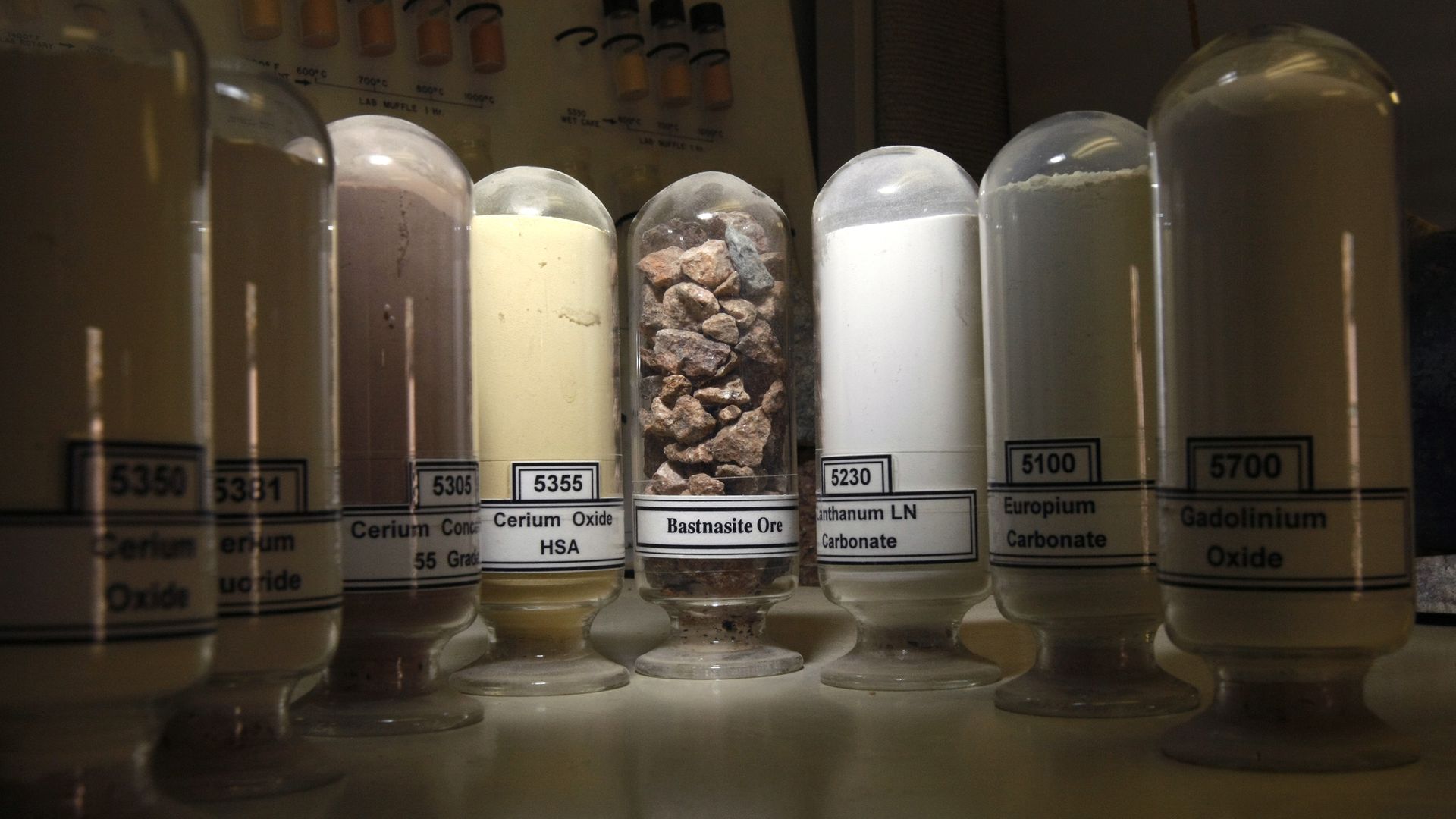 Samples of rare earth metals and minerals taken from the Mountain Pass Mine in California.