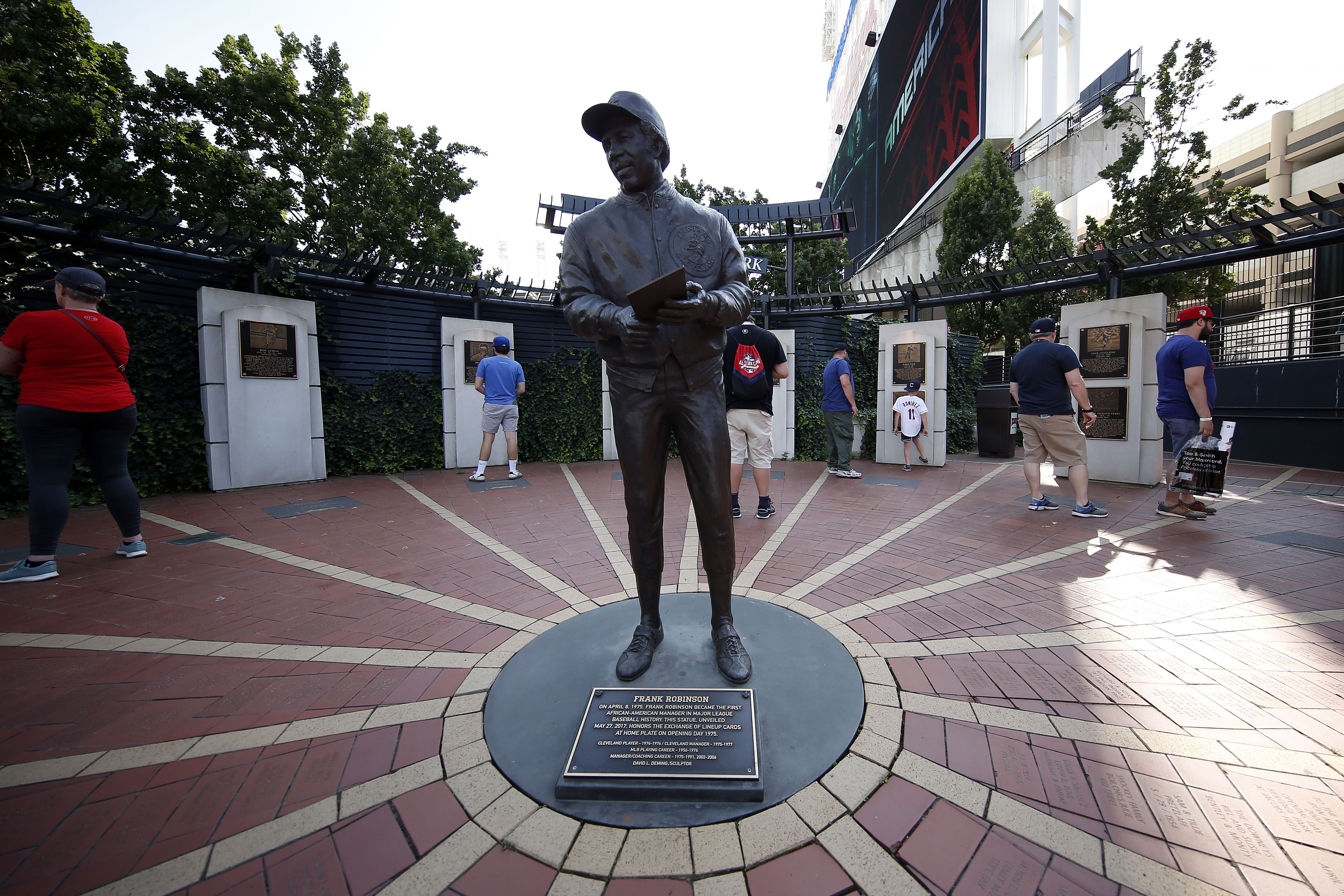 In this image, a statue of Frank Robinson is seen 
