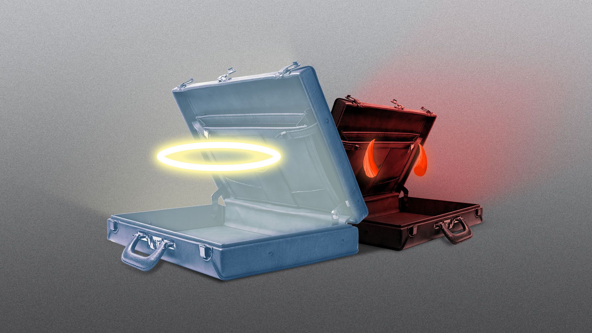 Illustration of an open briefcase with a halo inside, with a smaller one behind featuring devil horns