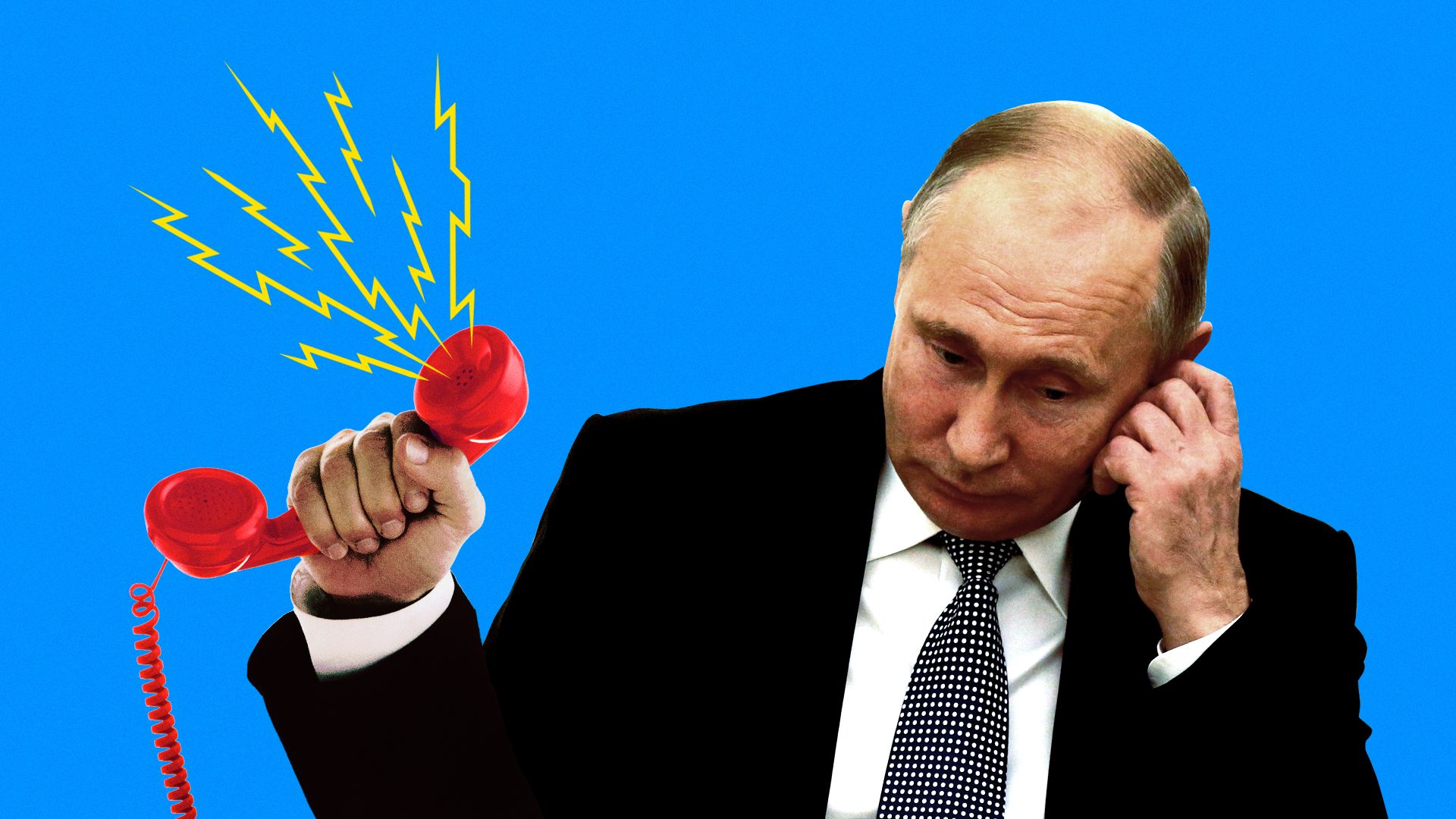 Putin holding phone away from his ear while Trump shouts at him.