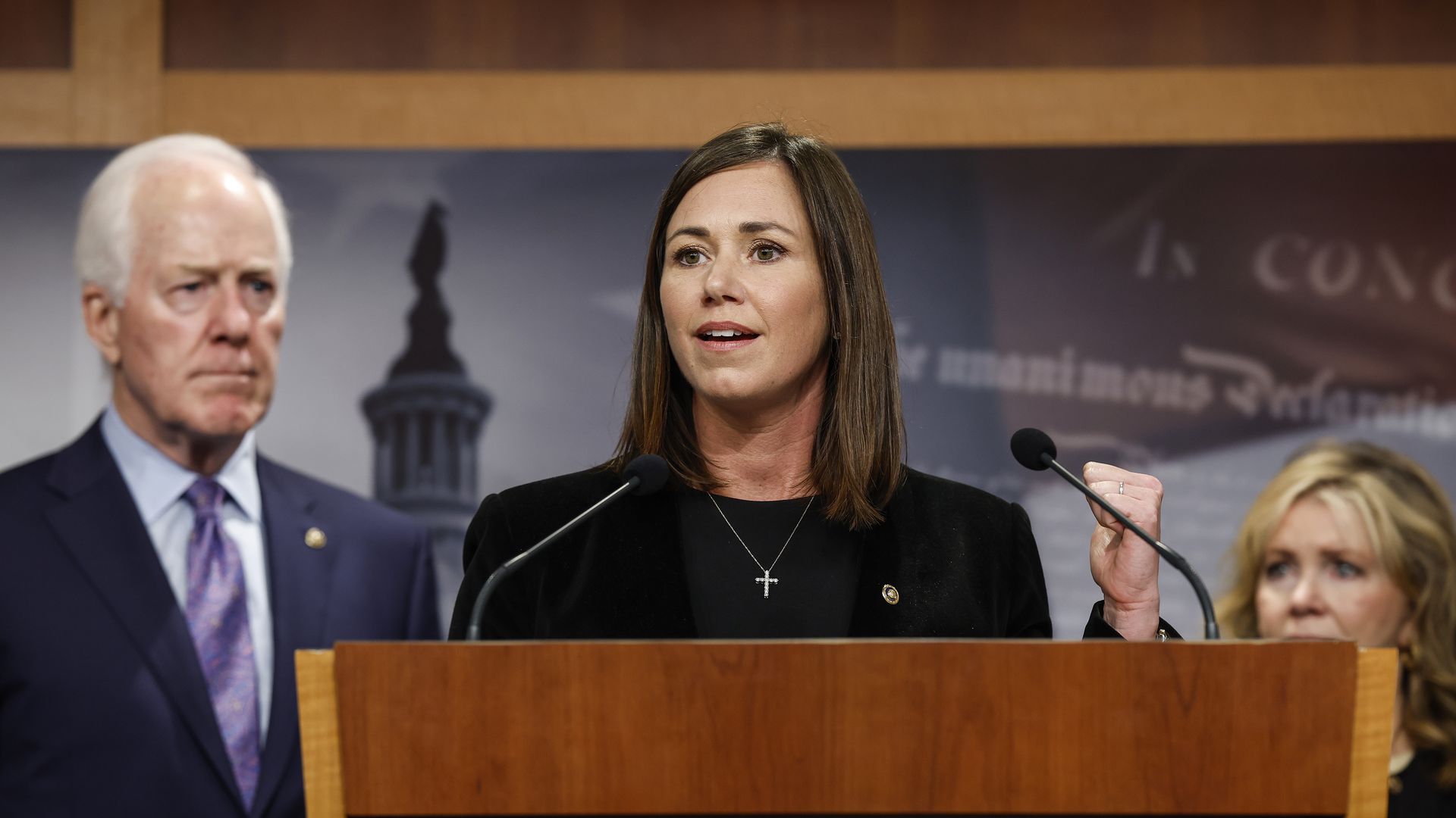 Sen. Katie Britt (R-AL) speaks during a news conference on border security at the U.S. Capitol Building on September 27, 2023 in Washington, DC. 