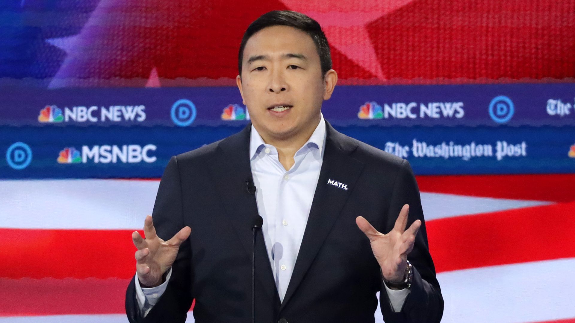 Democratic presidential candidate Andrew Yang speaks during the Democratic Presidential Debate at Tyler Perry Studios November 20, 2019 in Atlanta, Georgia.
