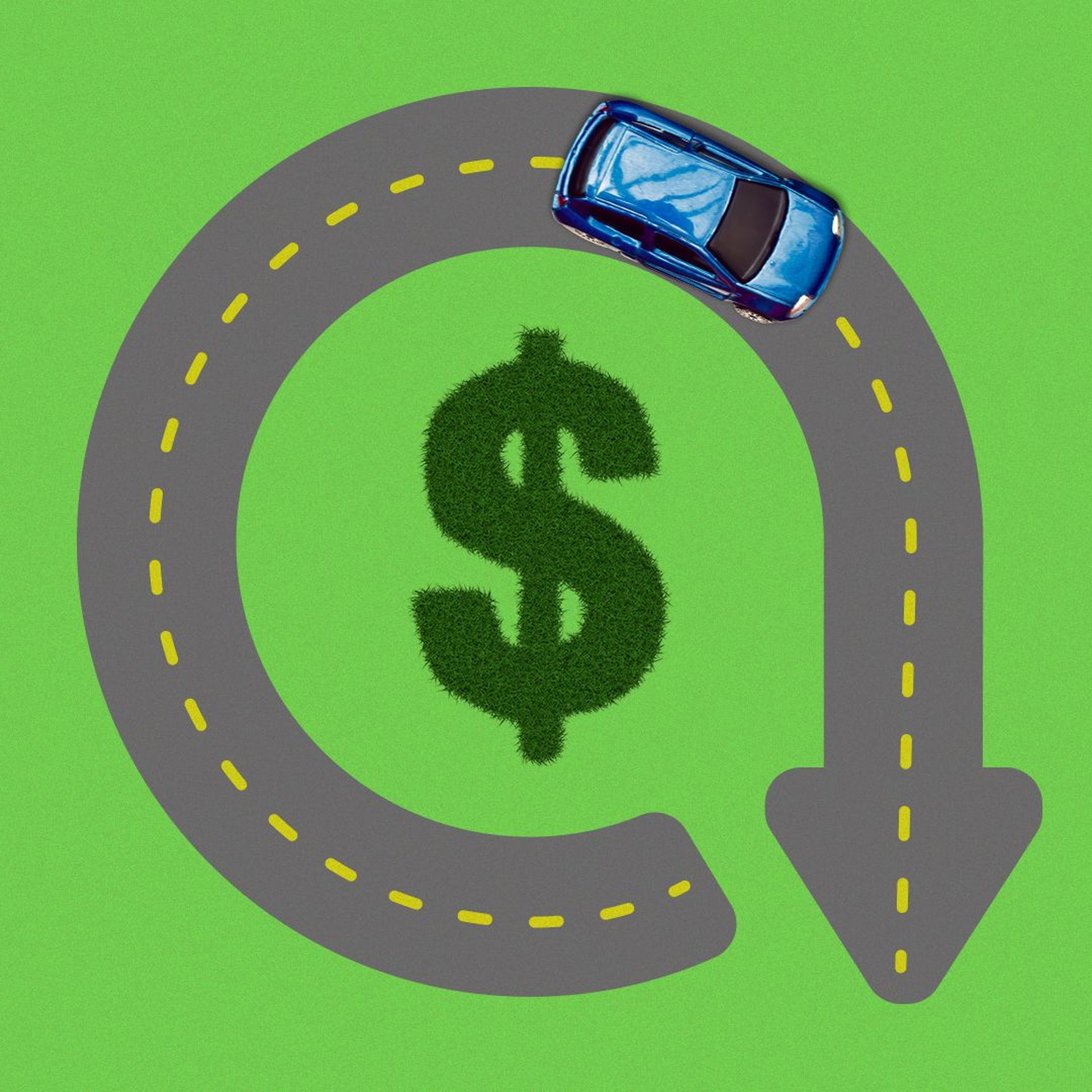 Illustration of a lower prices icon comprised of a road circling a patch of grass that is in the shape of a dollar sign.