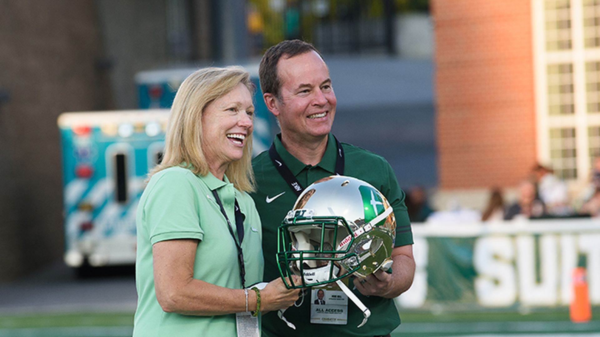 UNC Charlotte Chancellor Sharon Gaber and Director of Athletics Mike Hill. Photo courtesy Charlotte 49ers athletics