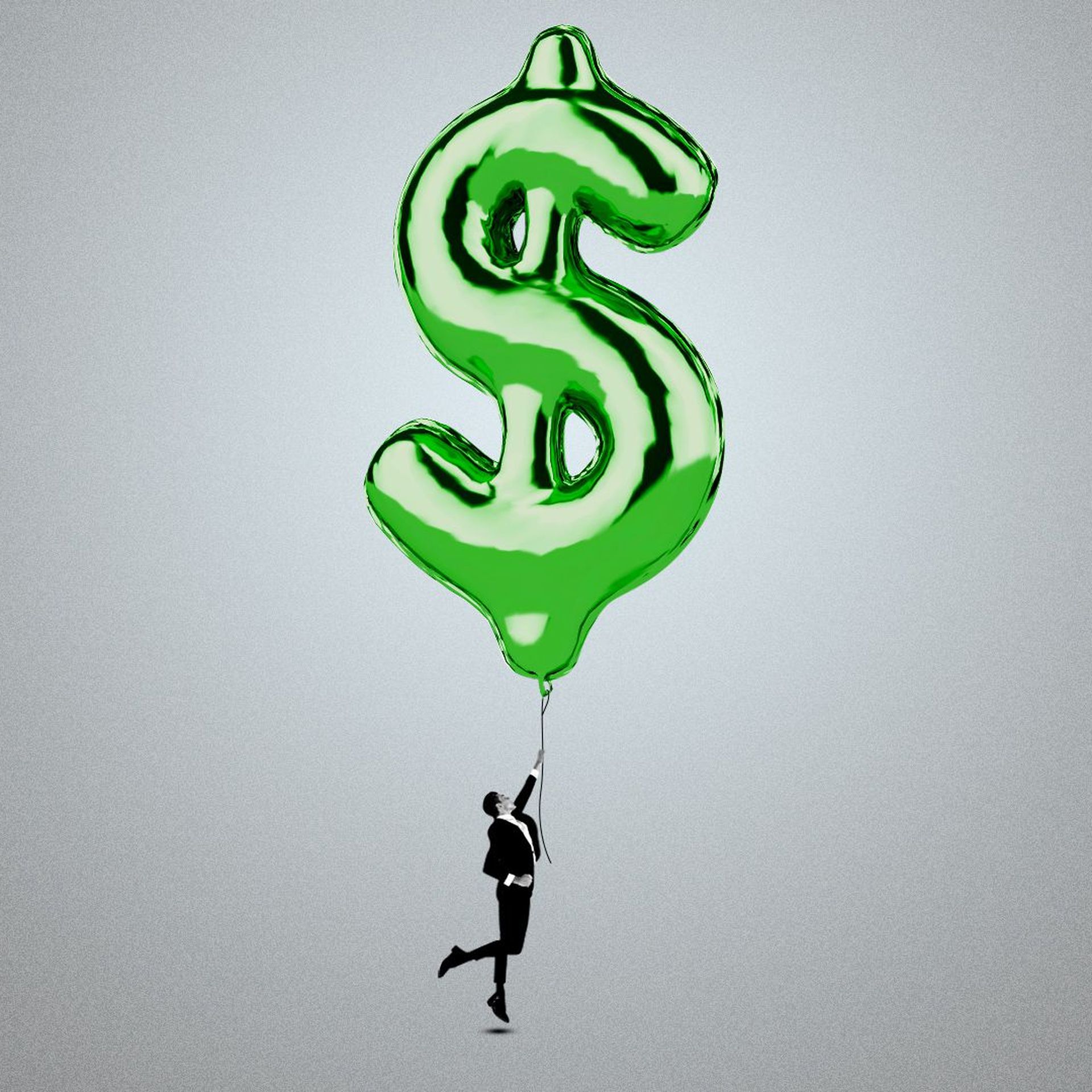 Illustration of a large dollar bill sign balloon being held by a man who is floating slightly off the ground. 