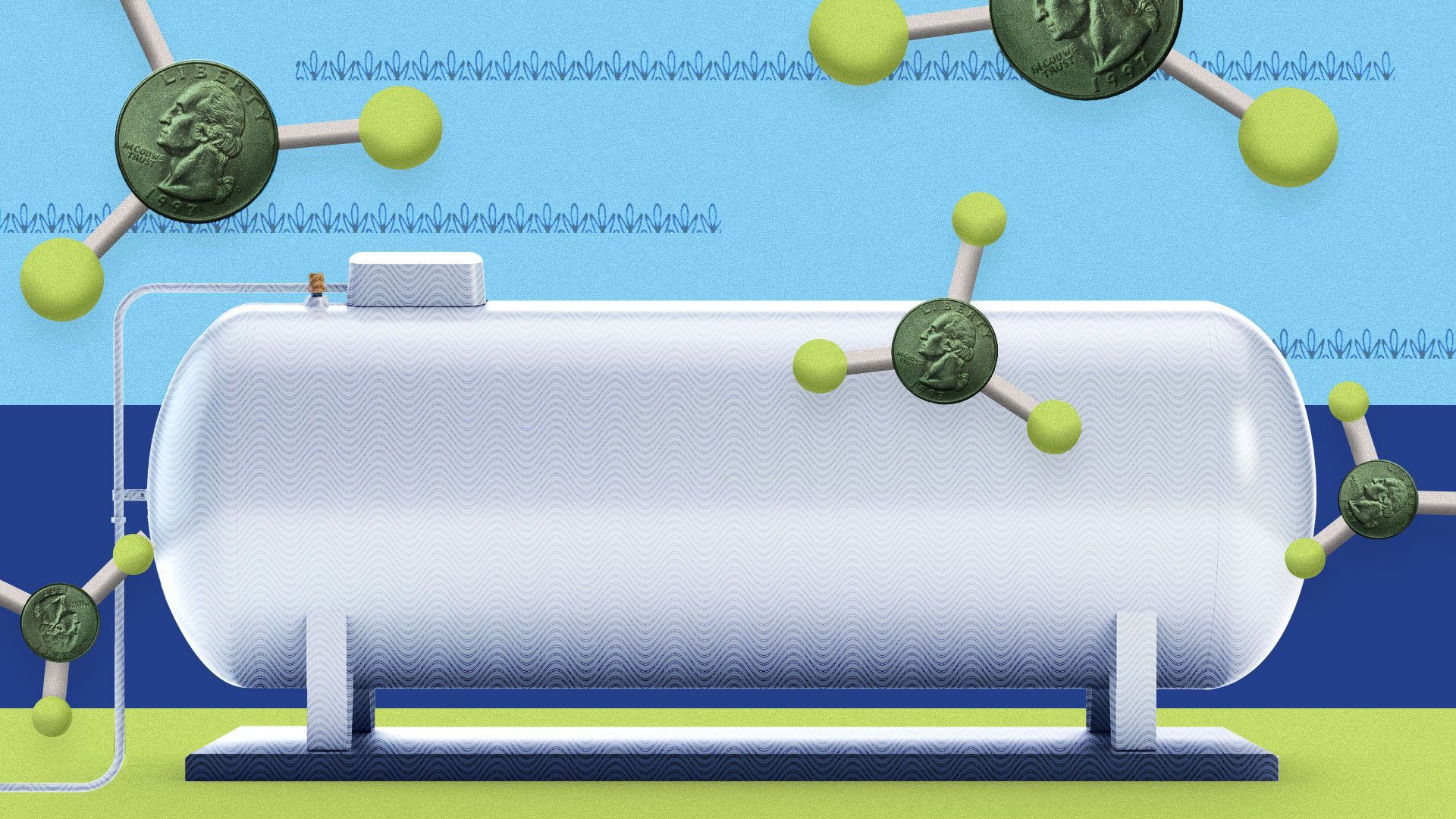 Illustration of a large gas tank and ammonia molecules made from quarters.