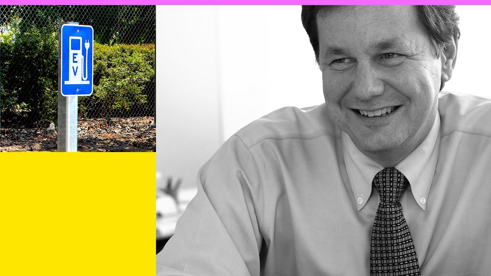 Mike Ableson is pictured here, laughing next to an illustration of an EV charger.