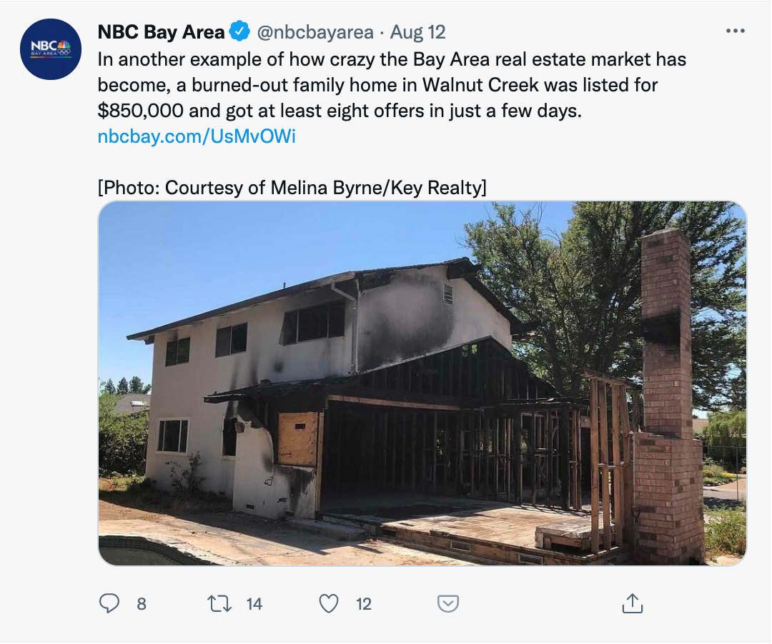 Image of a tweet showing a photo of a house that was burned by a fire.