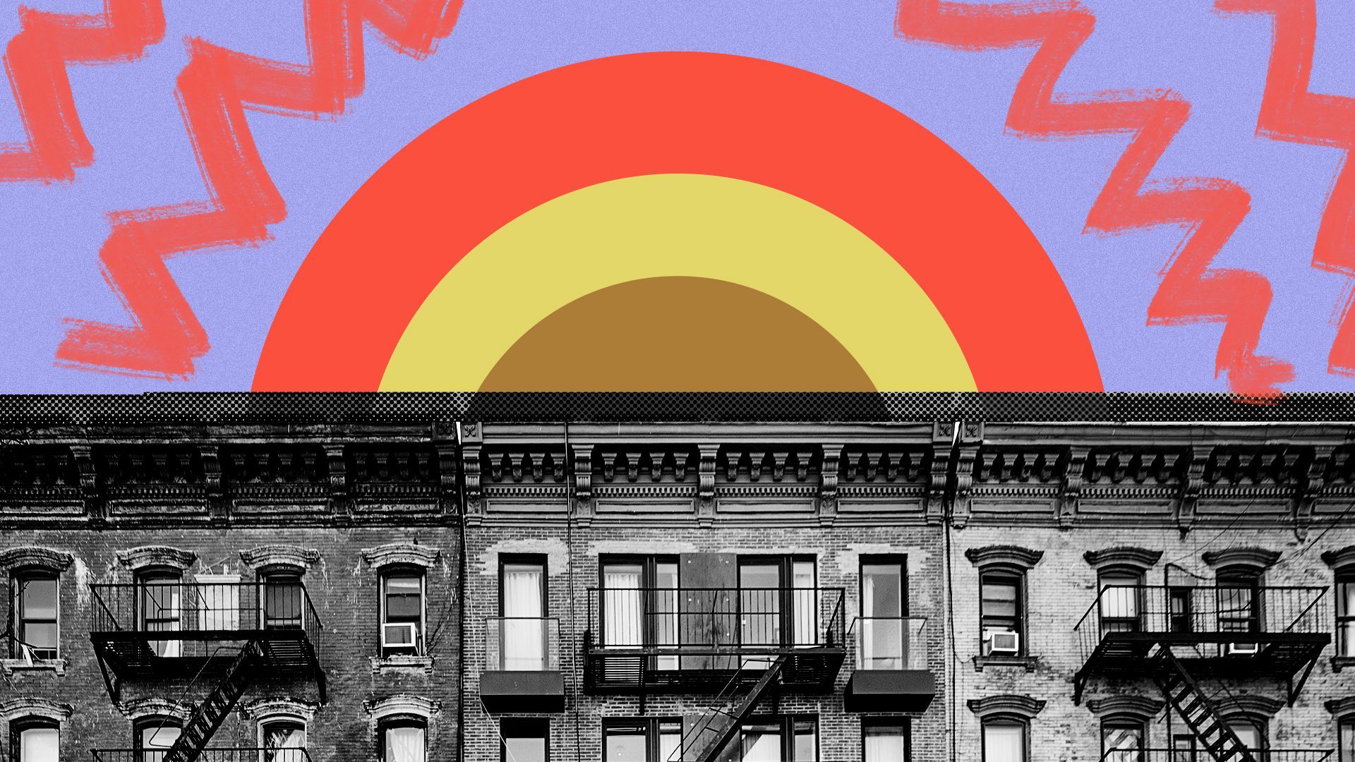 Illustration of city buildings with an abstract sun. 