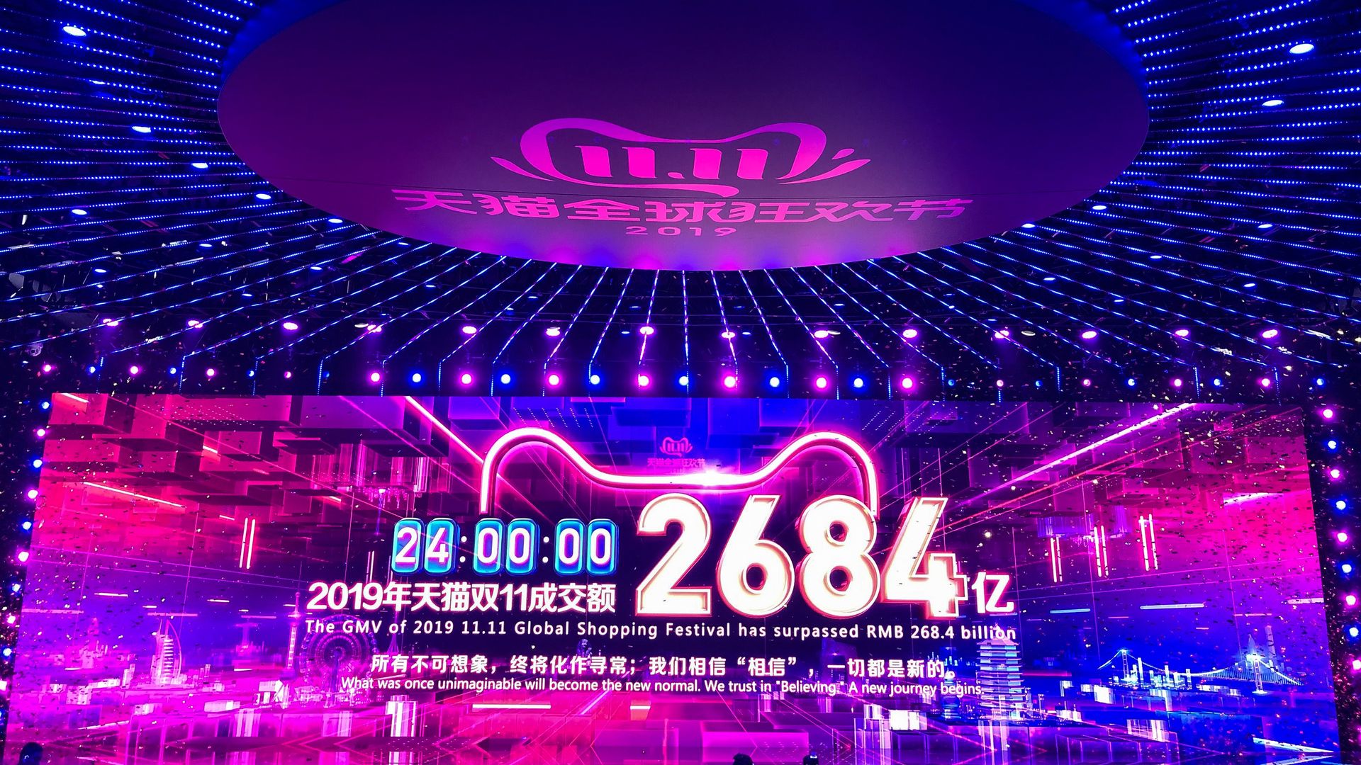 A large screen in an auditorium shows big numbers