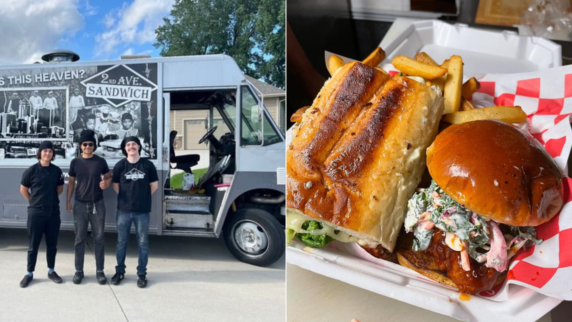 chefs in front of the food truck and a sandwich with fries