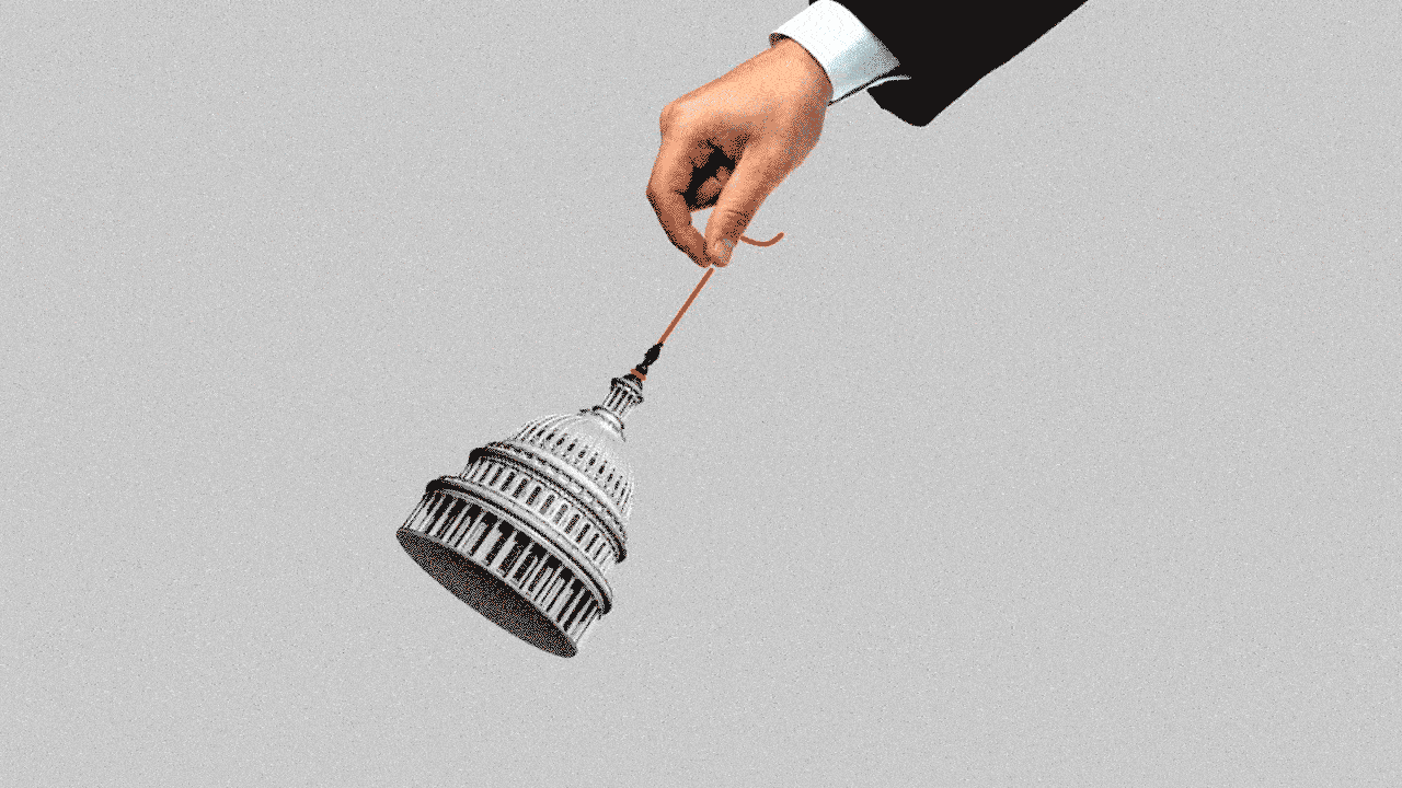 Illustration of a hand dangling the Capitol Dome on a string