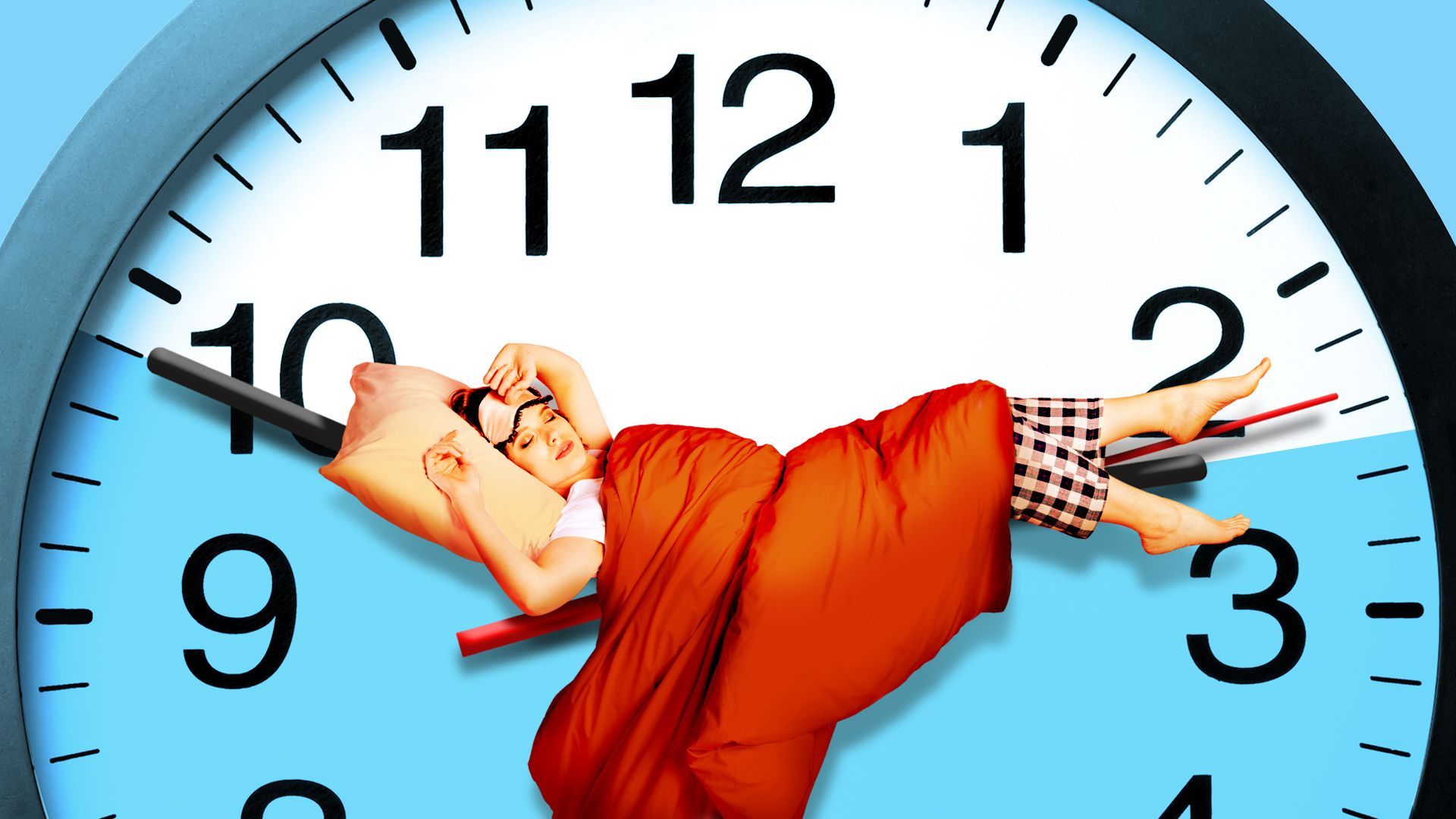 Illustration of a woman just waking up from sleep in the middle of a clock