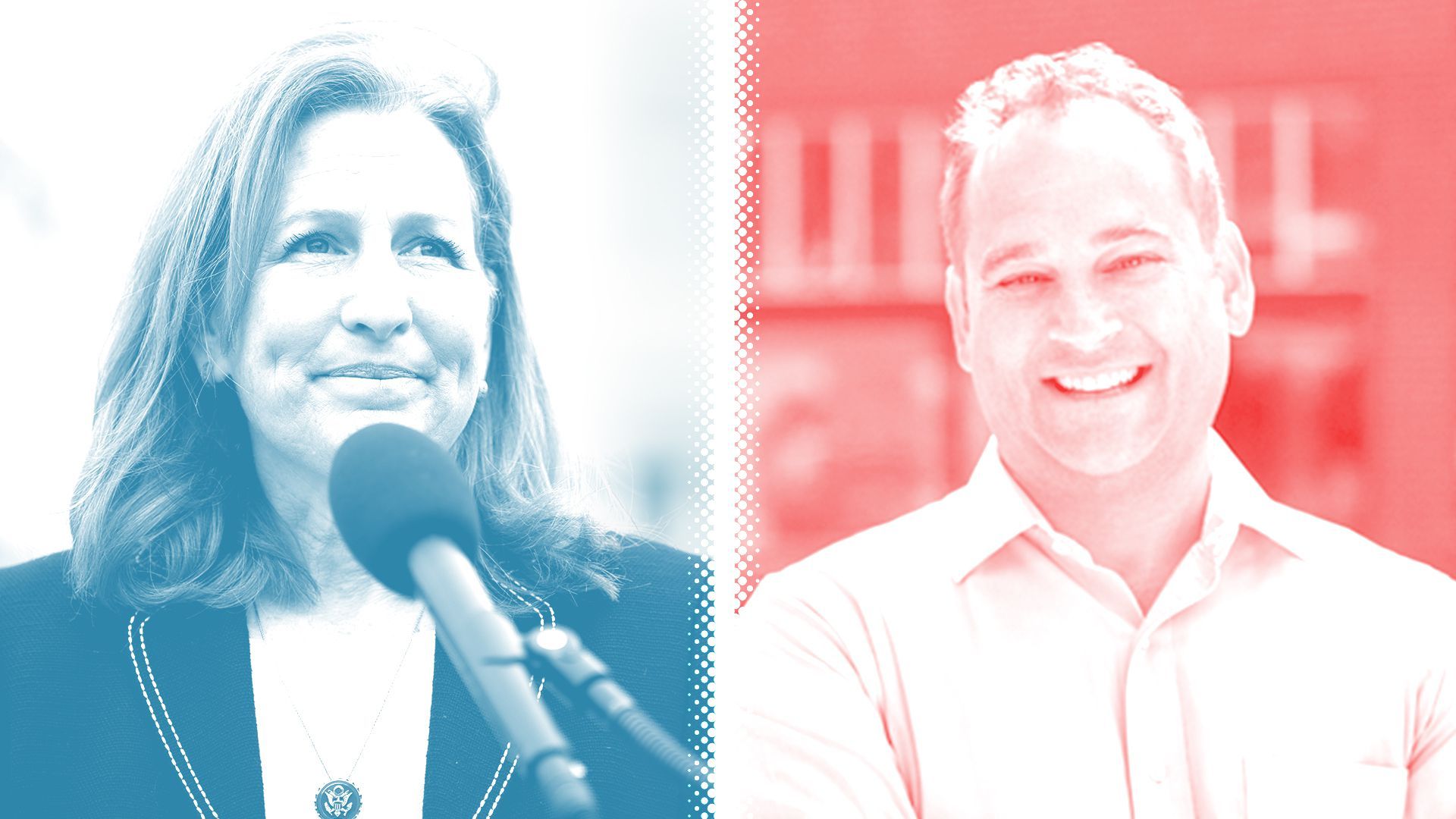 Photo illustration of Kim Schriel, tinted blue, and Matt Larkin, tinted red, separated by a white halftone divider.