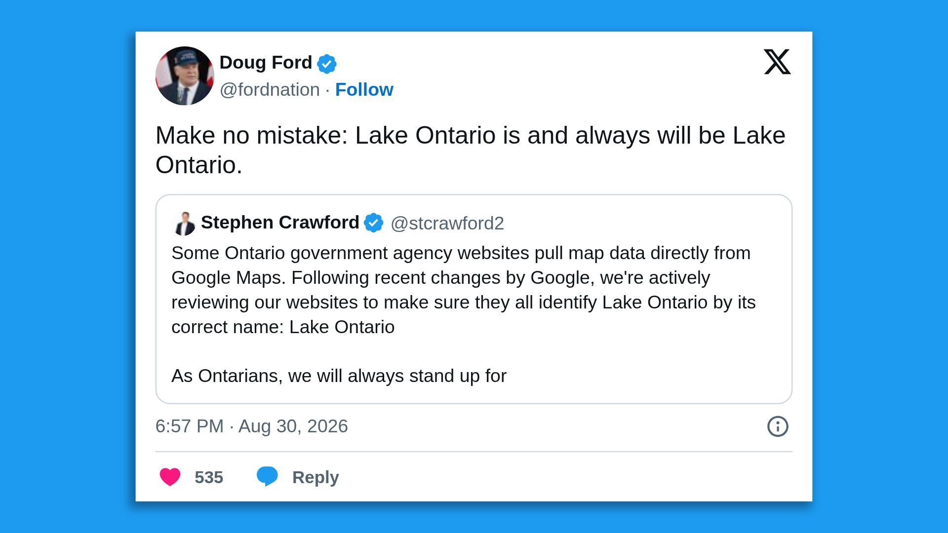White tweet on a blue background showing Doug Ford's post: "Make no mistake: Lake Ontario is and always will be Lake Ontario," with Stephen Crawford's reply about correctly naming Lake Ontario on maps.