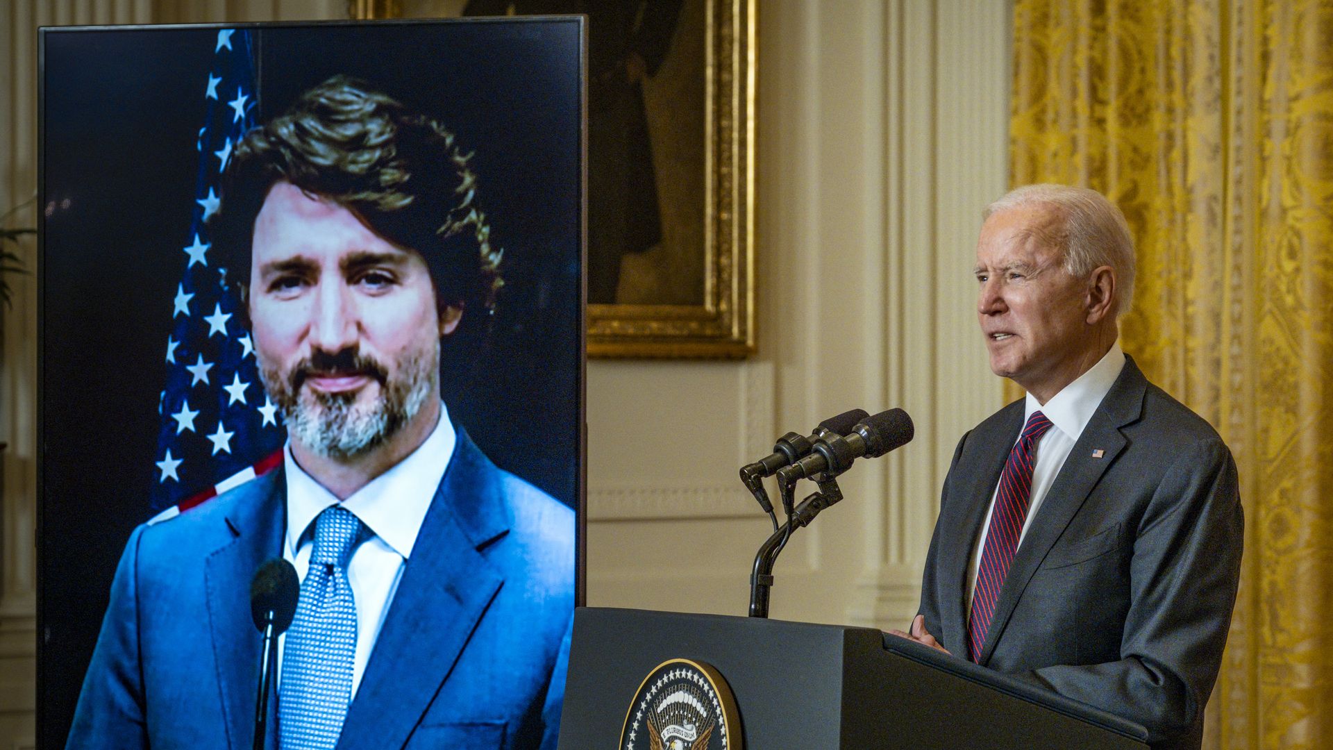 U.S. President Joe Biden speaks during a virtual joint press conference with Justin Trudeau, Canada's prime minister, in the East Room of the White House in Washington, D.C., U.S., on Tuesday, Feb. 23