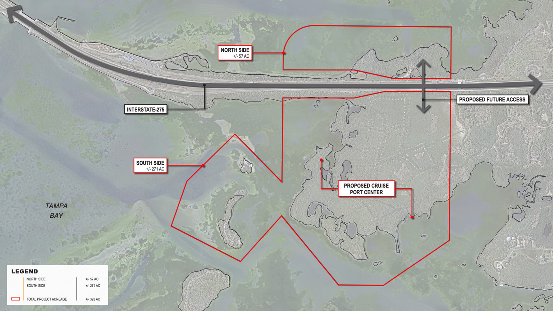 An aerial map showing a proposed cruise port center near the mouth of Tampa Bay.