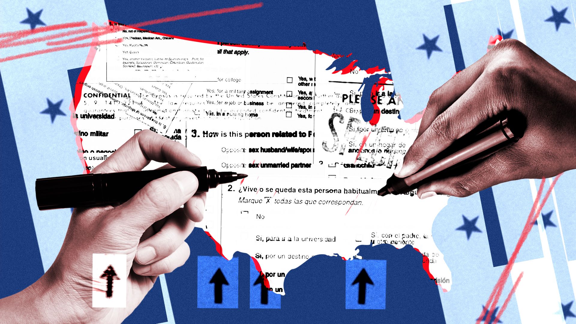 Photo collage of hands holding pens, a U.S. map and U.S. Census questions.