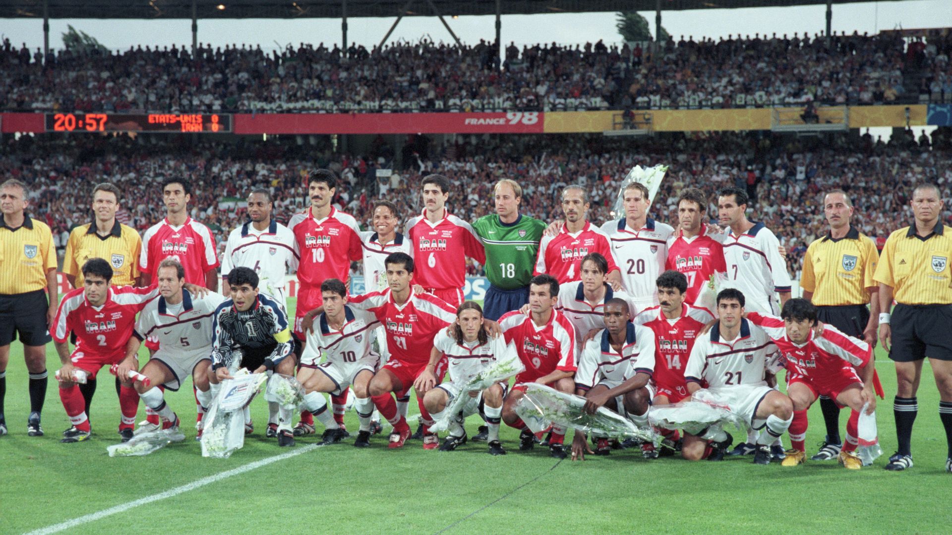 Iran and USA players pose for photo during the FIFA World Cup 1998 match between Iran and United States at Stade de Gerland on June 21, 1998 in Lyon, France.