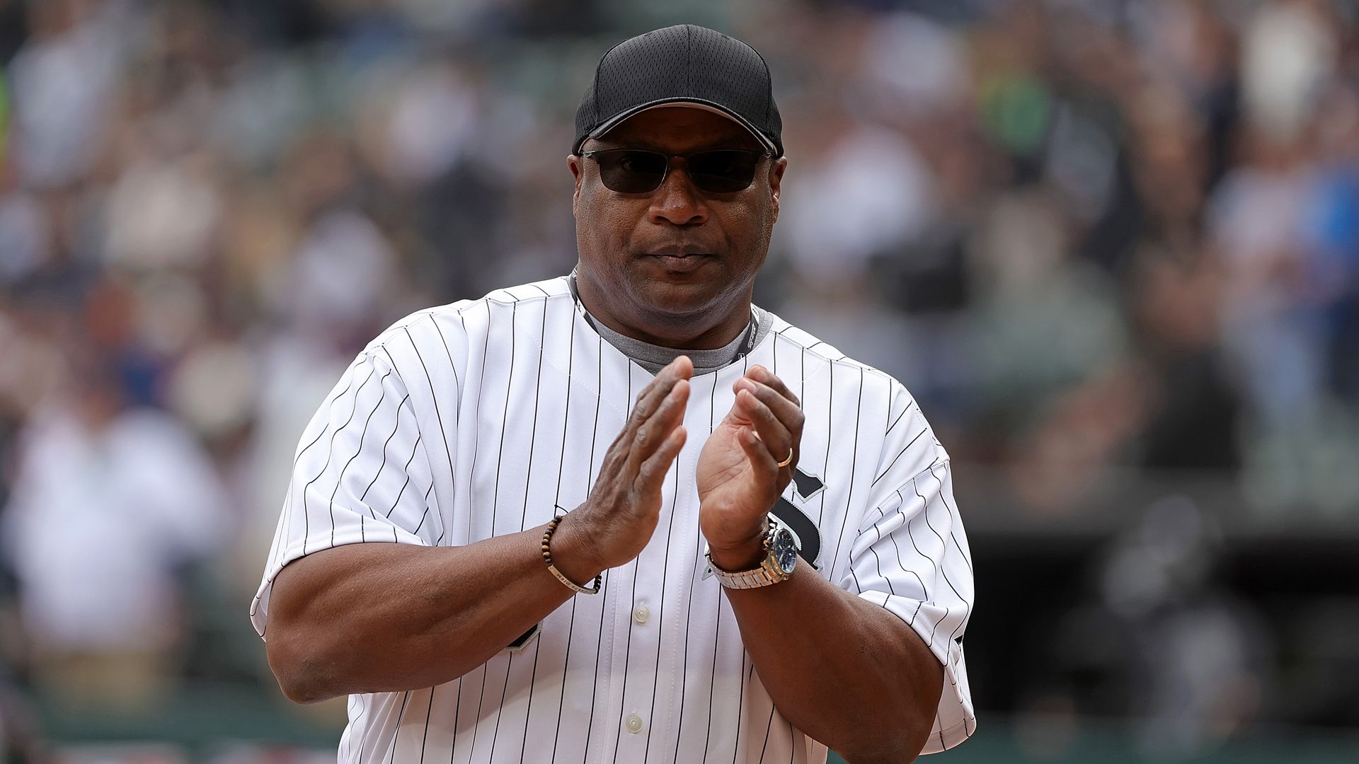 Sports star Bo Jackson on the field prior to a game between the Chicago White Sox and the Seattle Mariners on Opening Day at Guaranteed Rate Field on April 12, 2022 in Chicago, Illinois.