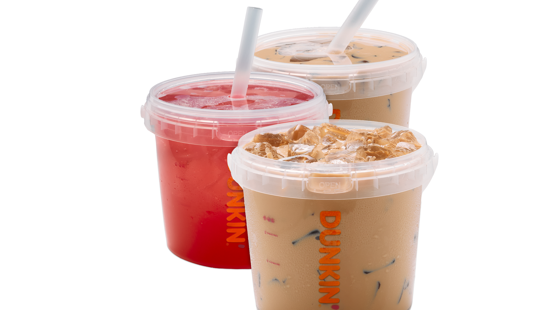 Three lidded buckets with straws protruding from the lid, all with Dunkin logos on their sides. 