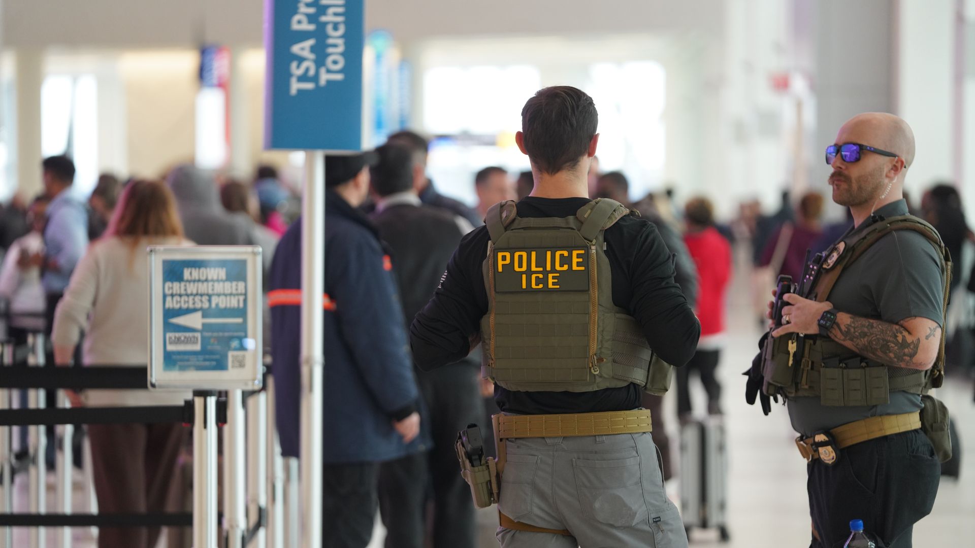 Immigration and Customs Enforcement ICE agents patrol at La Guardia Airport in New York, the United States, on March 23, 2026. ICE agents assisted at busy airport security checkpoints amid a Department of Homeland Security DHS shutdown that has lasted more than a month. Photo by Zhang Fengguo