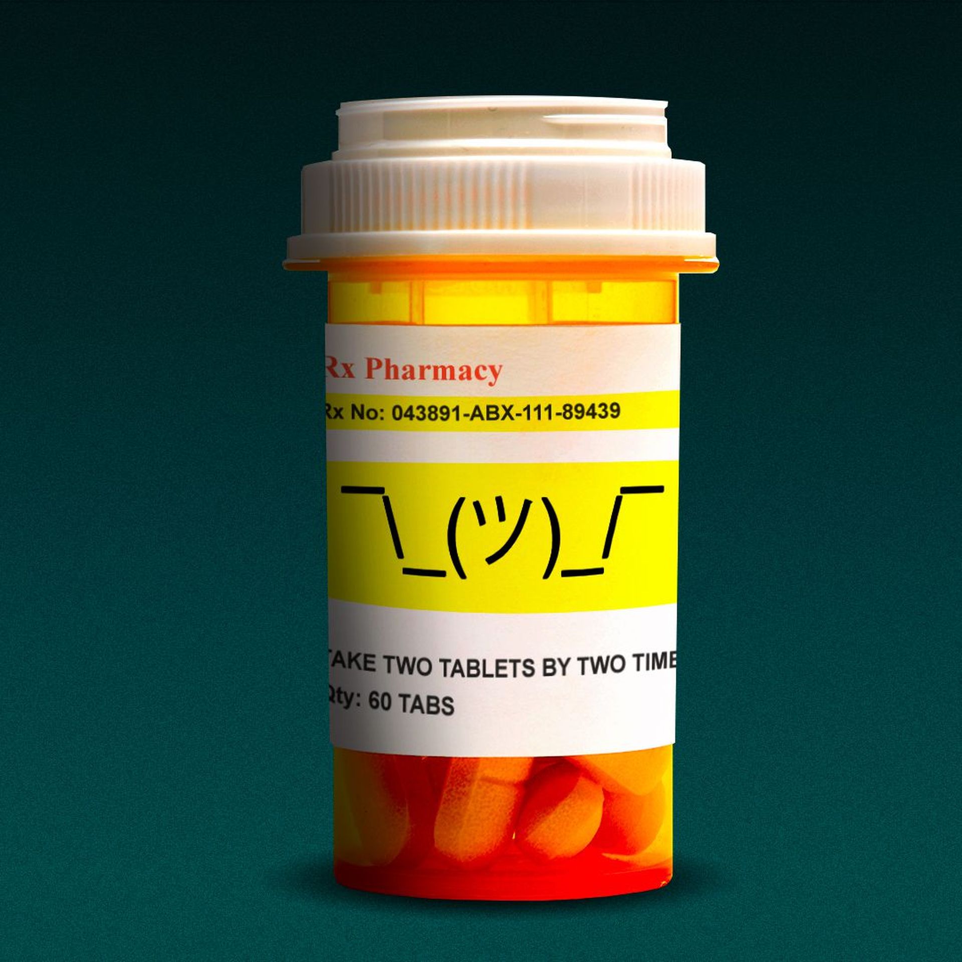Illustration of a prescription drug bottle with a shrug emoji typed on the label